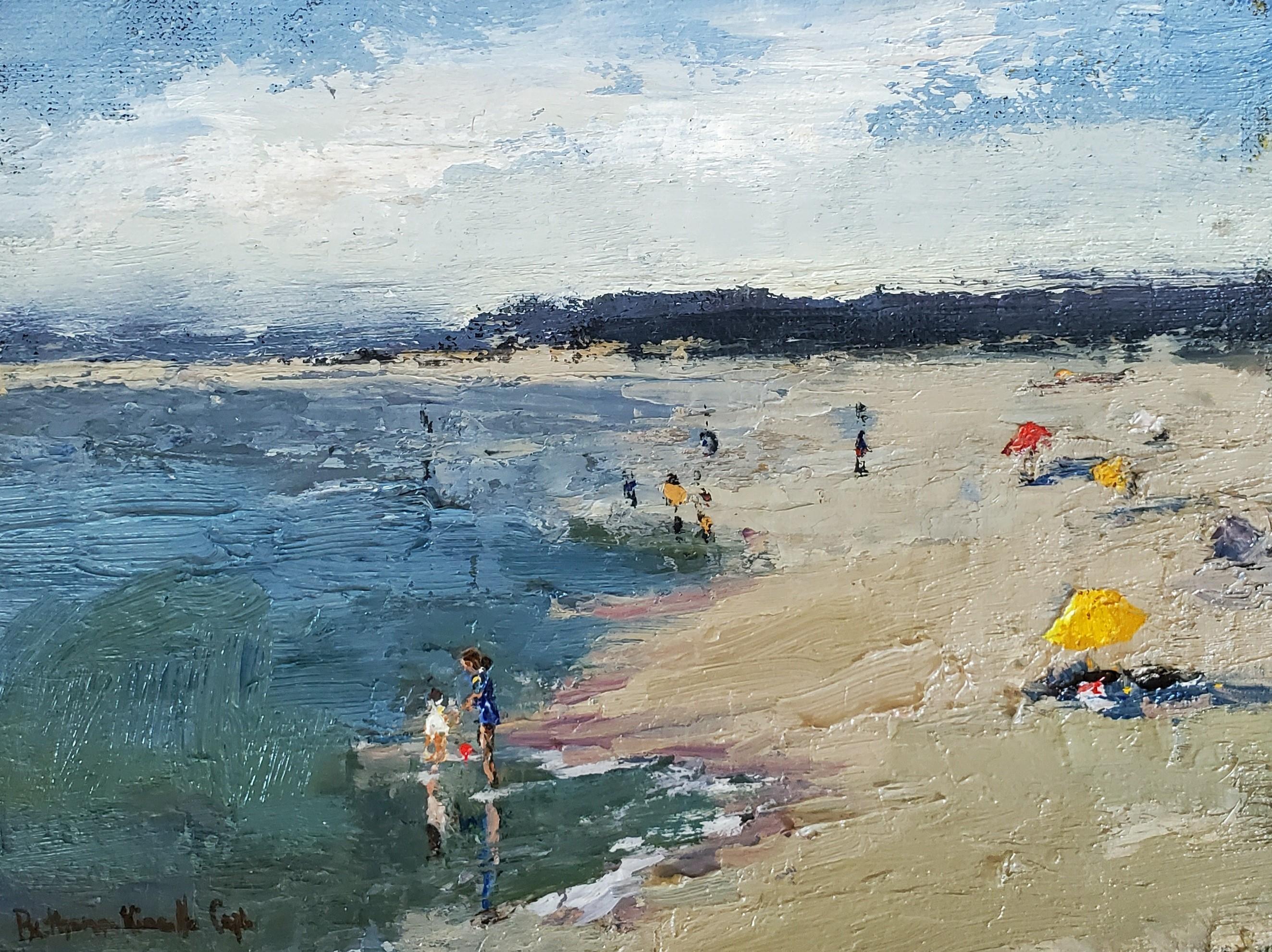 Bethanne Kinsella Cople Landscape Painting - Basked in the Sun by Bethanne Cople, Oil on Board Landscape painting of Beach