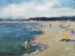 Basked in the Sun de Bethanne Cople, peinture à l'huile sur panneau d'un paysage de plage