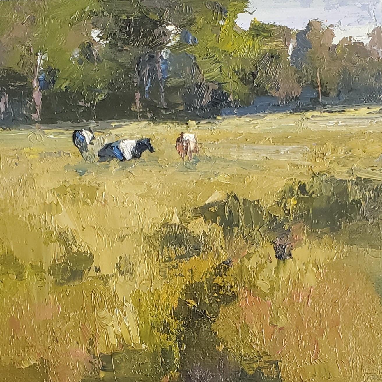 Bethanne Kinsella Cople Landscape Painting - Fall Cows by Bethanne Cople, Oil on Board Landscape painting