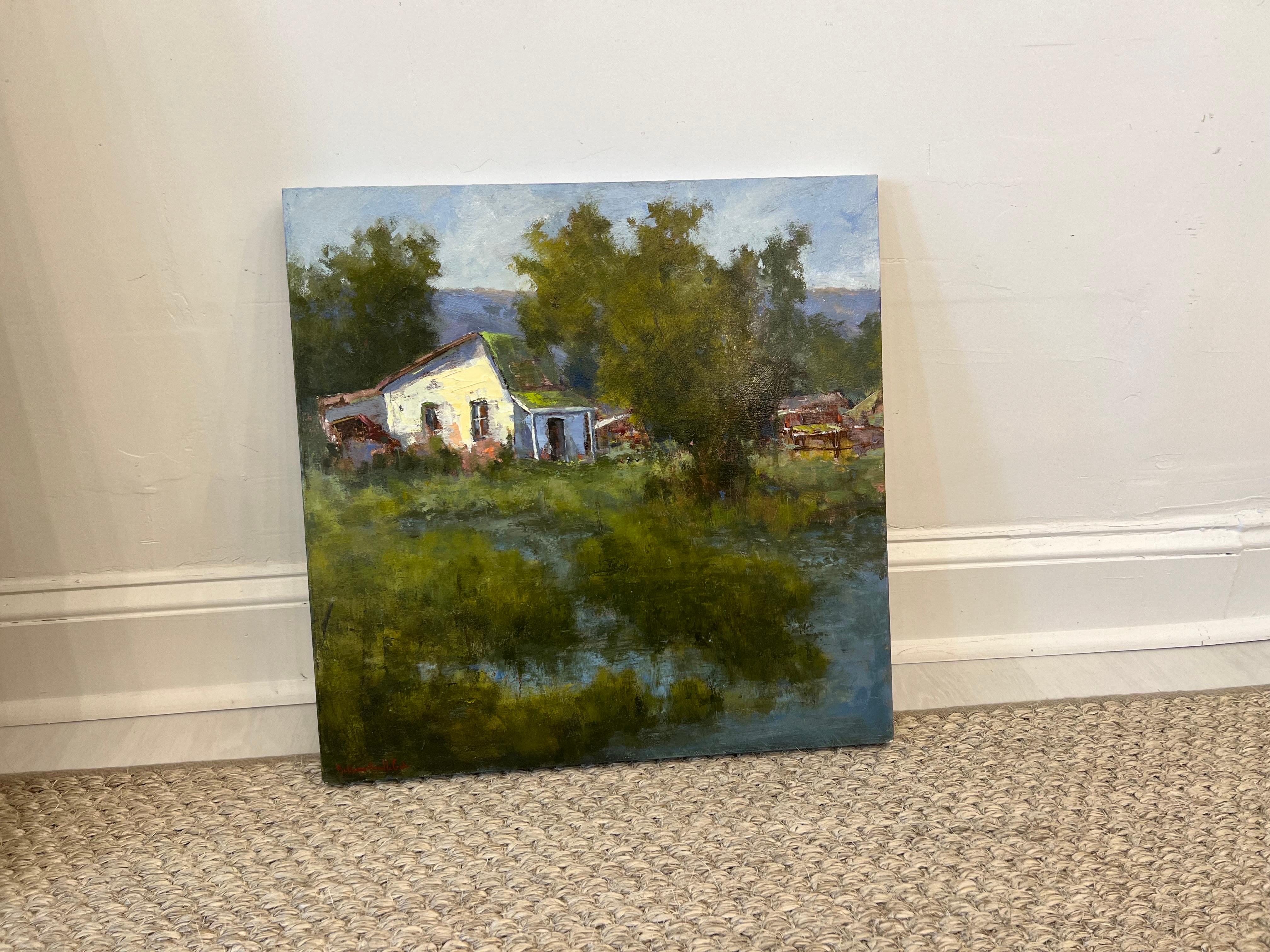 Farm Lane von Bethanne Cople, Ölgemälde auf Birkenholzplatte, Landschaft – Painting von Bethanne Kinsella Cople