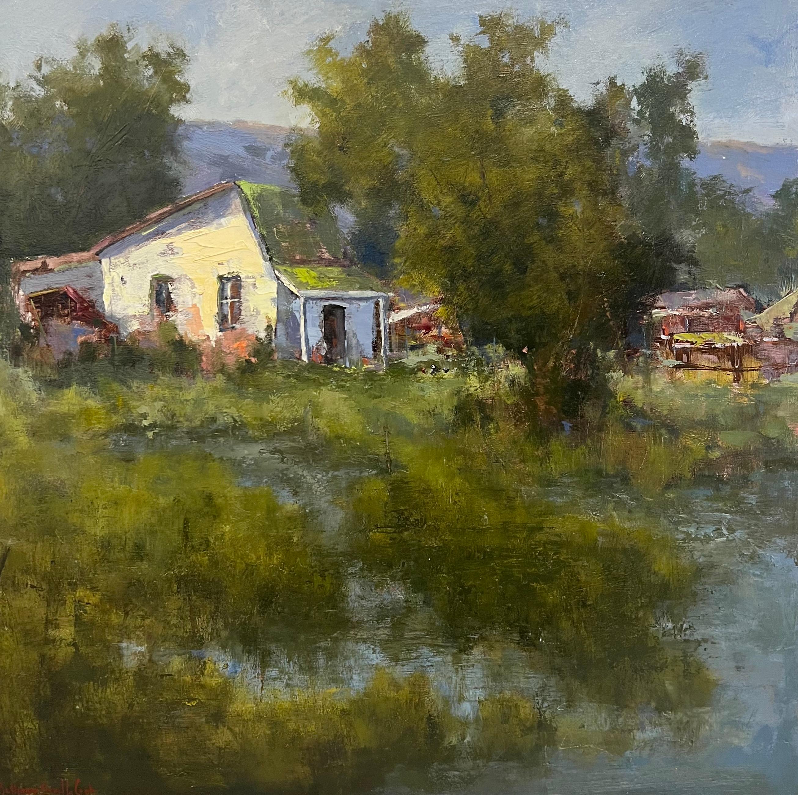 Bethanne Kinsella Cople Landscape Painting – Farm Lane von Bethanne Cople, Ölgemälde auf Birkenholzplatte, Landschaft