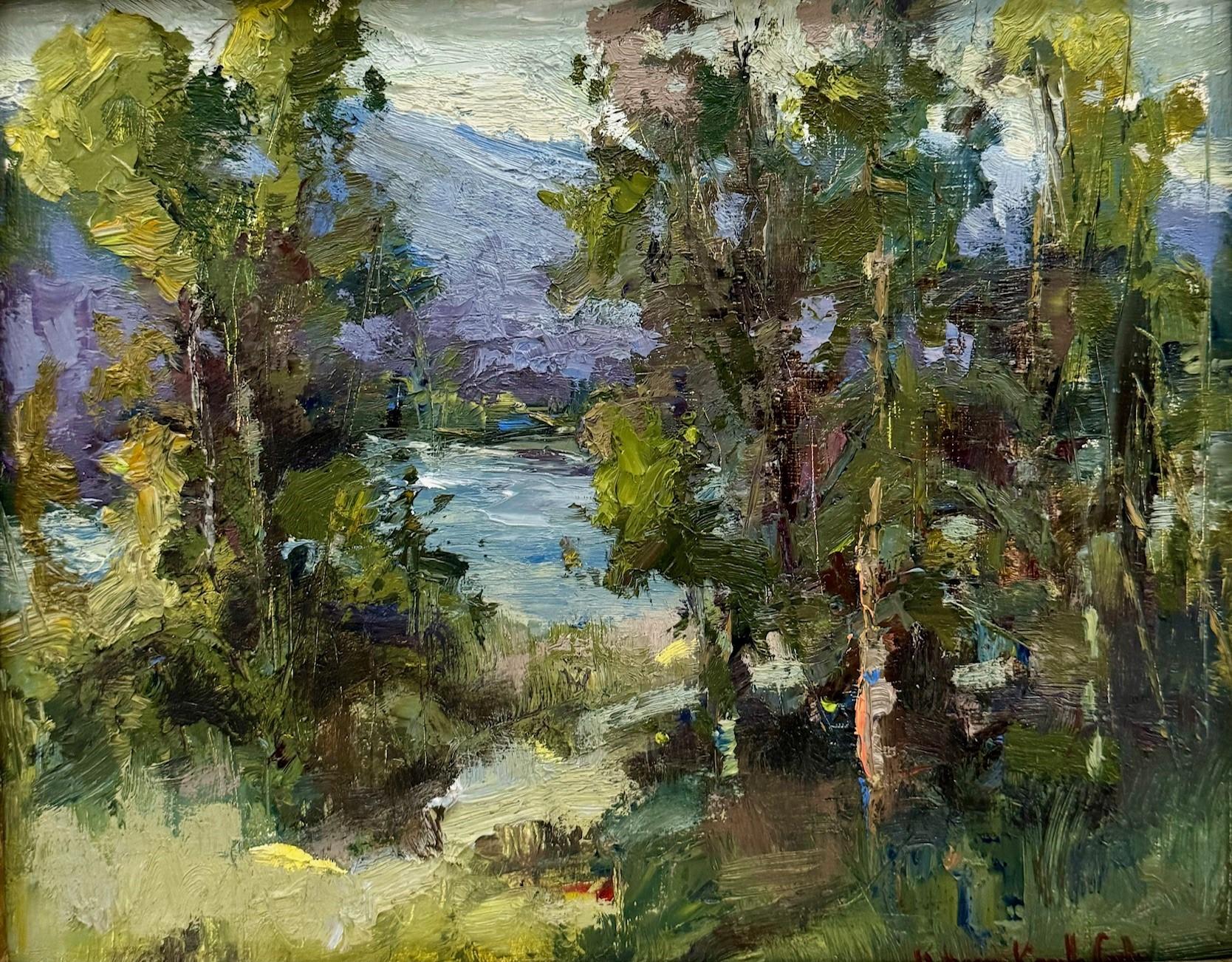 Landscape Painting Bethanne Kinsella Cople - Symphonie bleue et verte de Bethanne Cople, peinture de paysage à l'huile sur panneau
