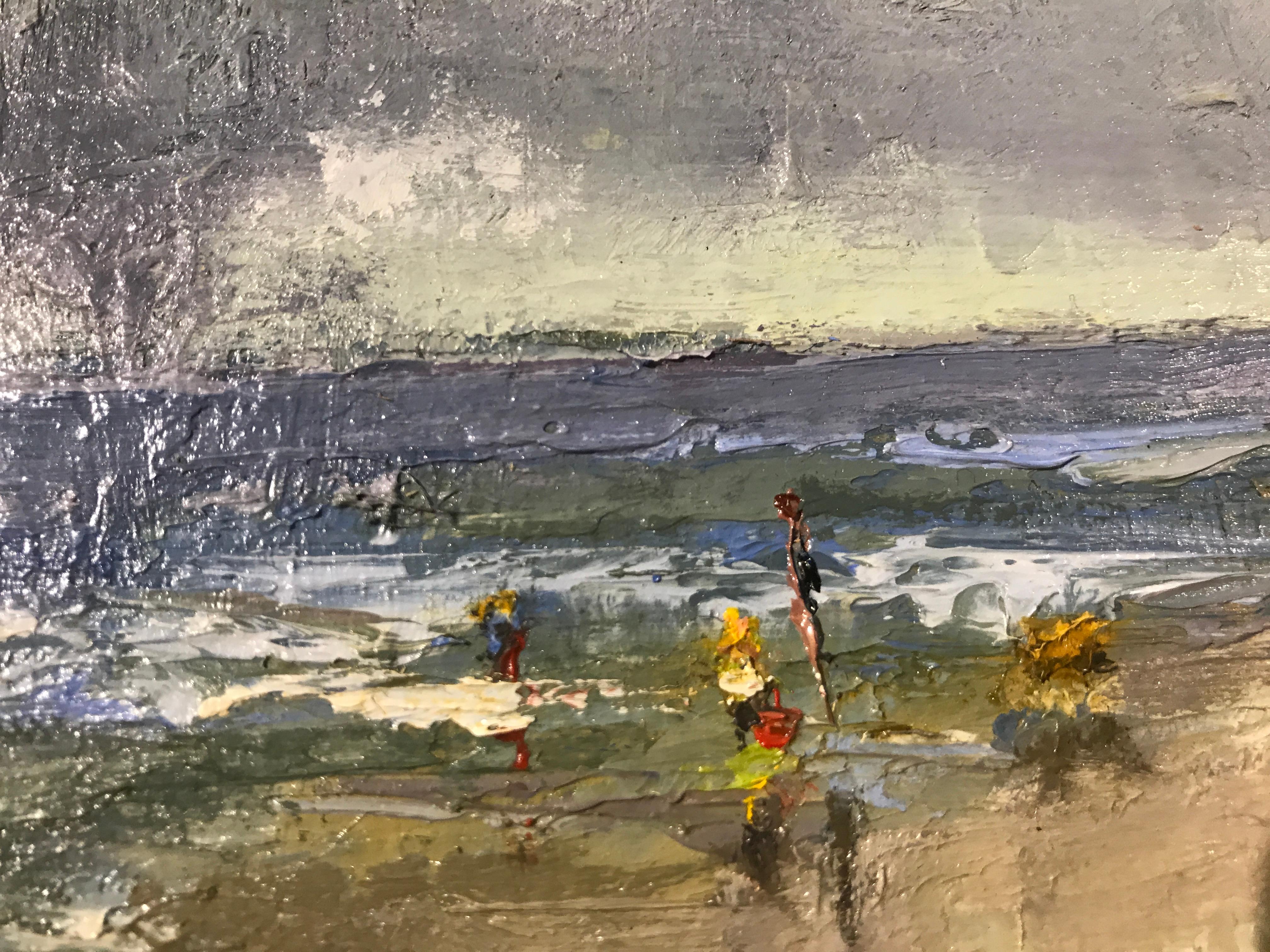 The Spry Arms of the Wind by Bethanne Cople, Small Beach Oil on Board Painting - Gray Landscape Painting by Bethanne Kinsella Cople