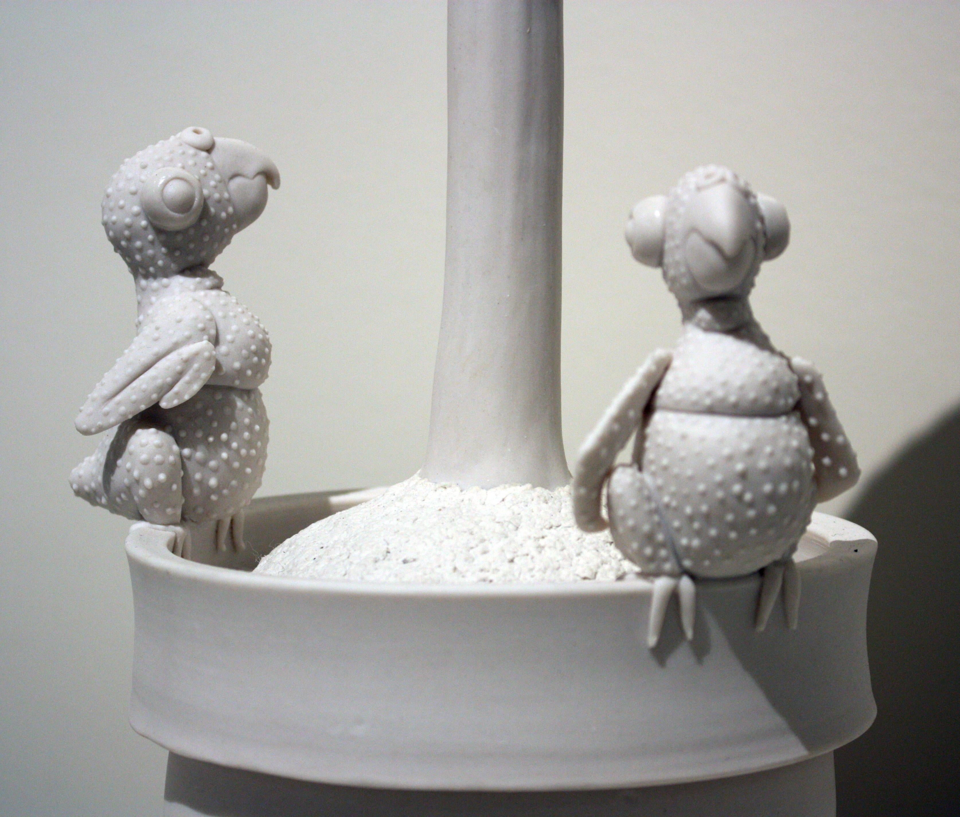 Pájaros bebés de porcelana blanca, árbol topiario 