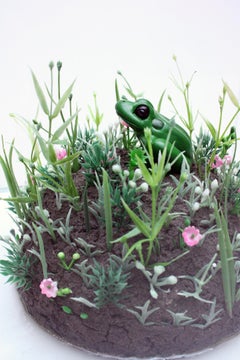 Ceramic Frog Sculpture in a glass aquarium, "Last of Her Kind" by Bethany Krull