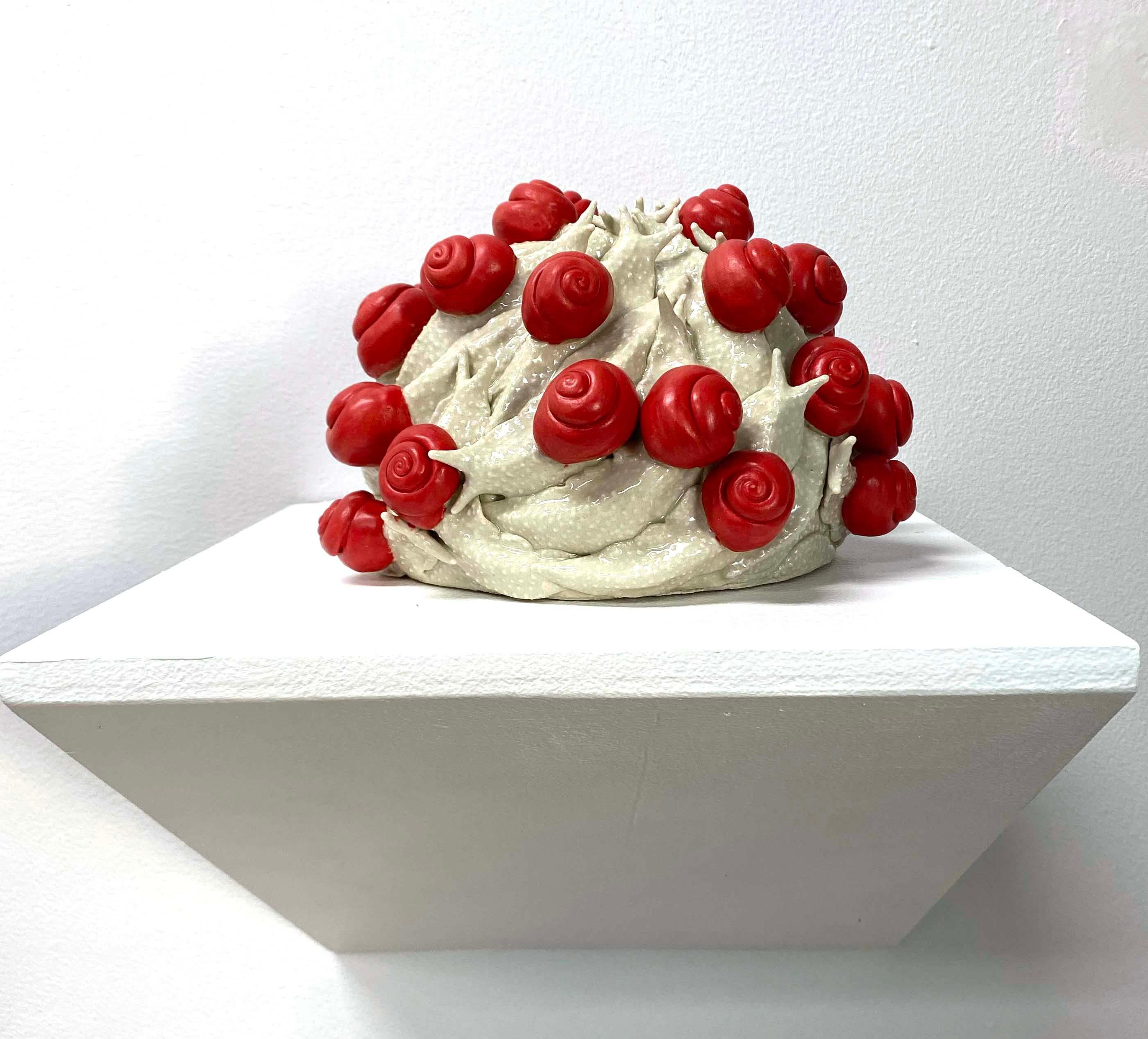 Bethany Krull Figurative Sculpture - Contemporary Sculpture Red White Snail Pile Insect Animal Ceramic Glaze