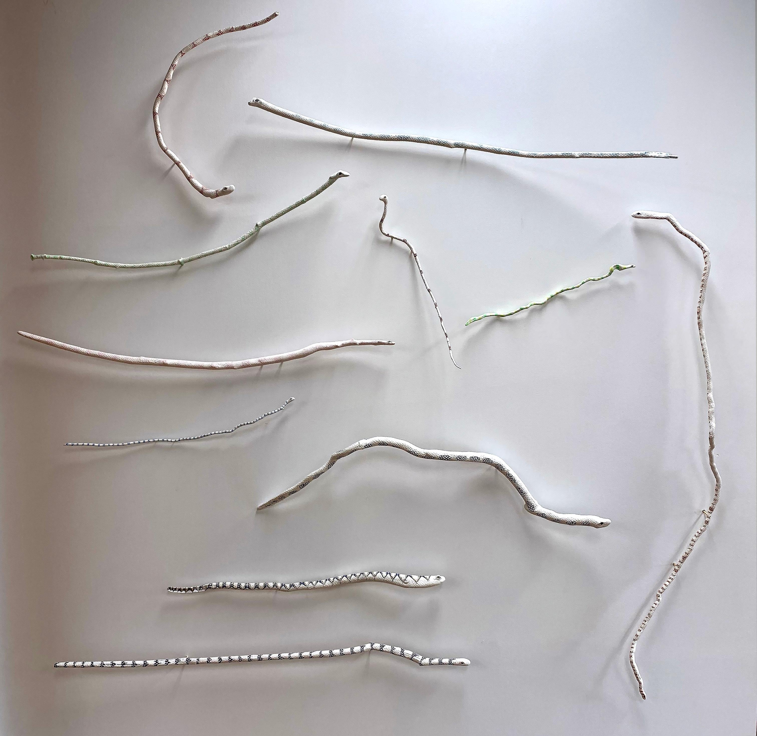 Bethany Krull Figurative Sculpture - Contemporary Wood Paint and Jewels Wall Sculpture Installation Snakes Driftwood