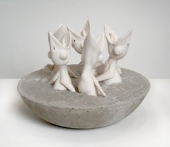 "Five Hungry Birds" Porcelain Birds in Concrete Nest by Bethany Krull