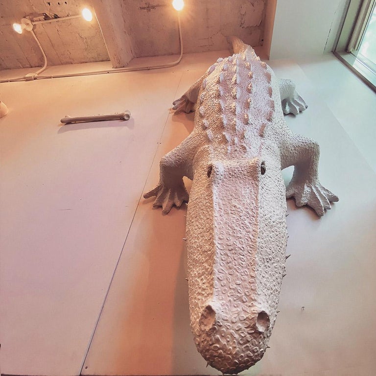 Large Contemporary Animal Wall Sculpture Alligator Paper Clay Archival White - Gray Figurative Sculpture by Bethany Krull