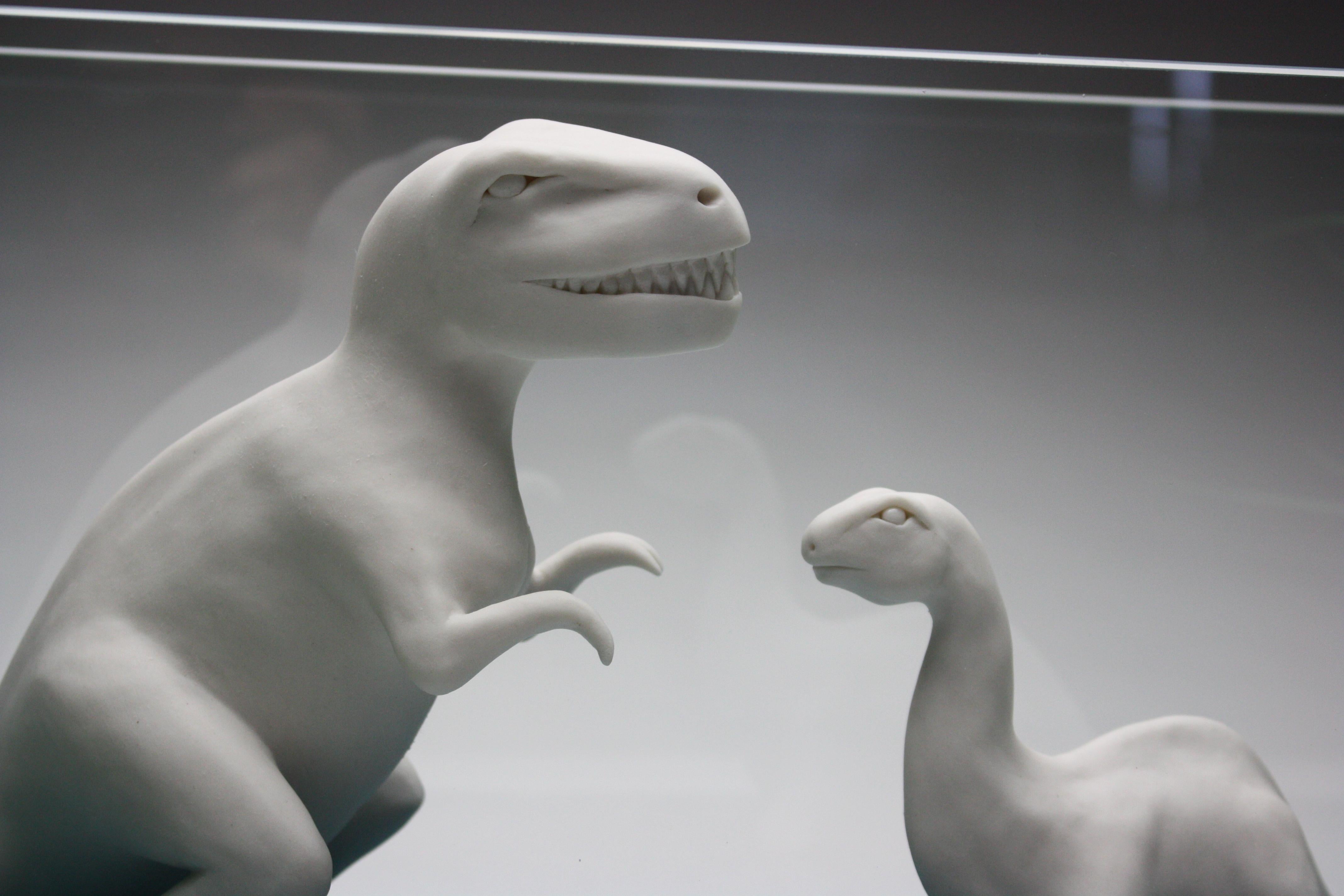 Porcelain Dinosaurs, glass aquarium, 