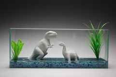 Porcelain Dinosaurs, glass aquarium, "Dino Pet Adaptation" by Bethany Krull