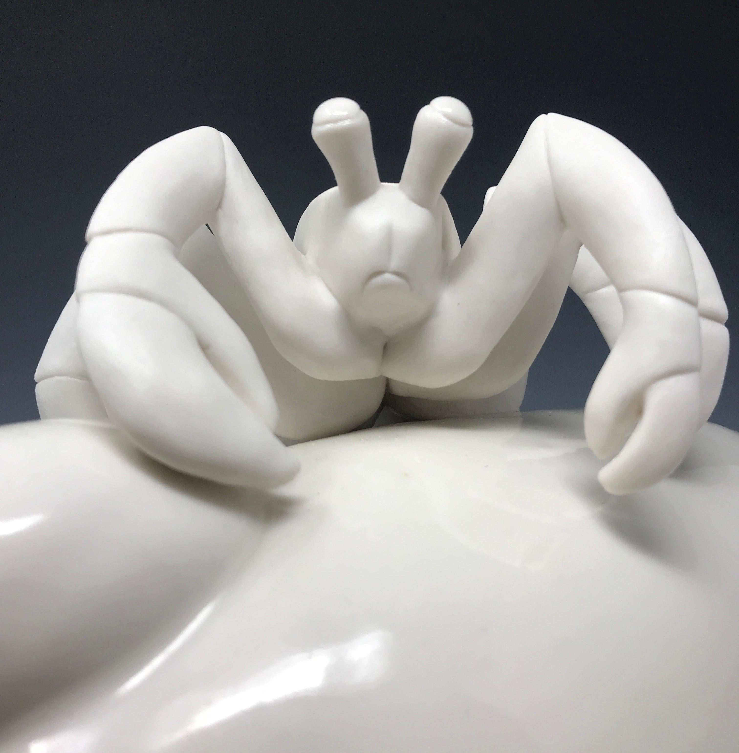 A beautiful and playful porcelain hermit crab rests on top of a toy rocket-ship in this unique sculpture created by New York, artist Bethany Krull. This piece is from the artist's 