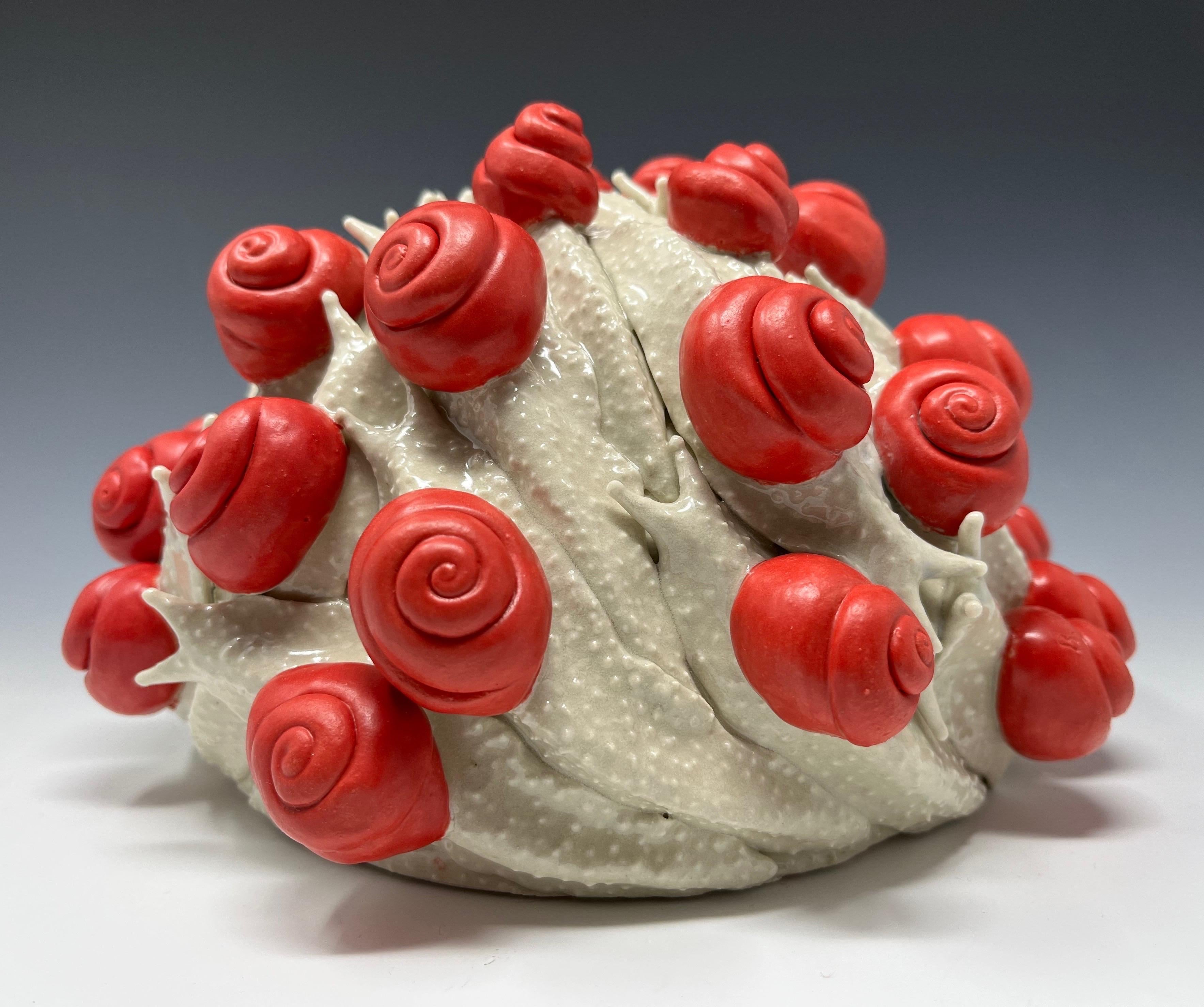 A glistening congregation of snails meticulously hand-built in ceramics by New York sculptor Bethany Krull. One of a kind. 
Ceramic, glaze
6”h x 8”w x 8”d