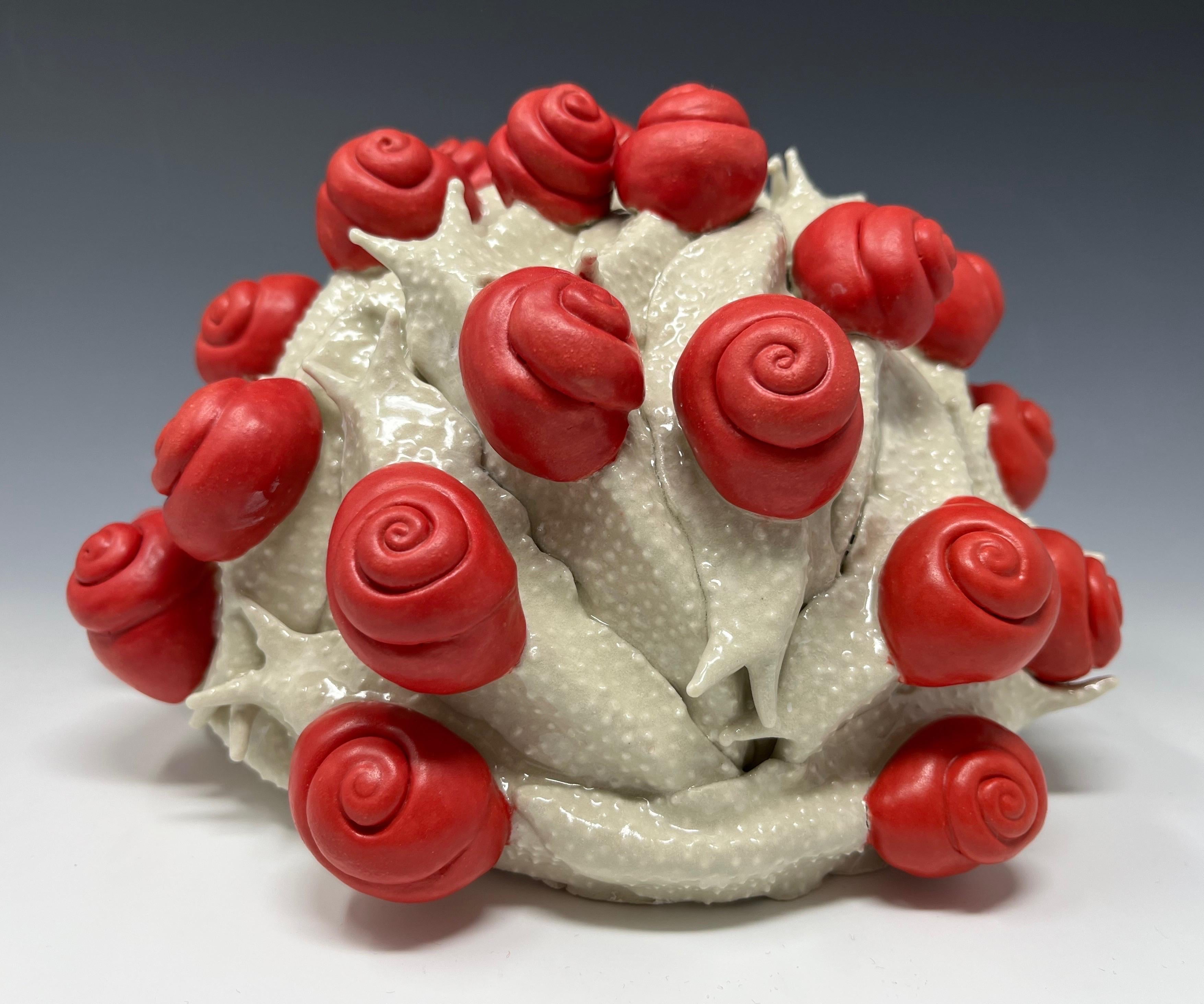 A glistening congregation of snails meticulously hand-built in ceramics by New York sculptor Bethany Krull. One of a kind. 
Ceramic, glaze
6”h x 8”w x 8”d
