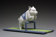 White Porcelain Pig Jumping a Hurdle "Underdog" by Bethany Krull