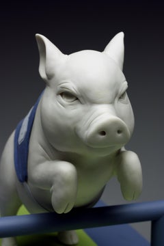 Used White Porcelain Pig Jumping a Hurdle "Underdog" by Bethany Krull