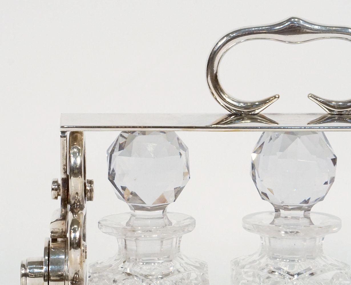 Betjemann's Three-Bottle Tantalus with Original Hobnail Crystal Decanters 6