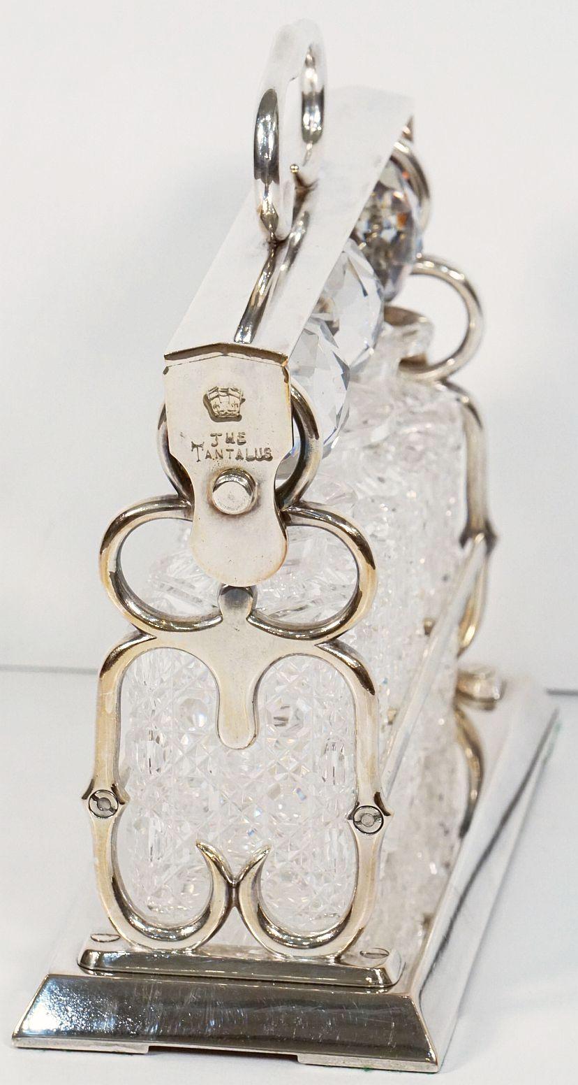 Early 20th Century Betjemann's Three-Bottle Tantalus with Original Hobnail Crystal Decanters