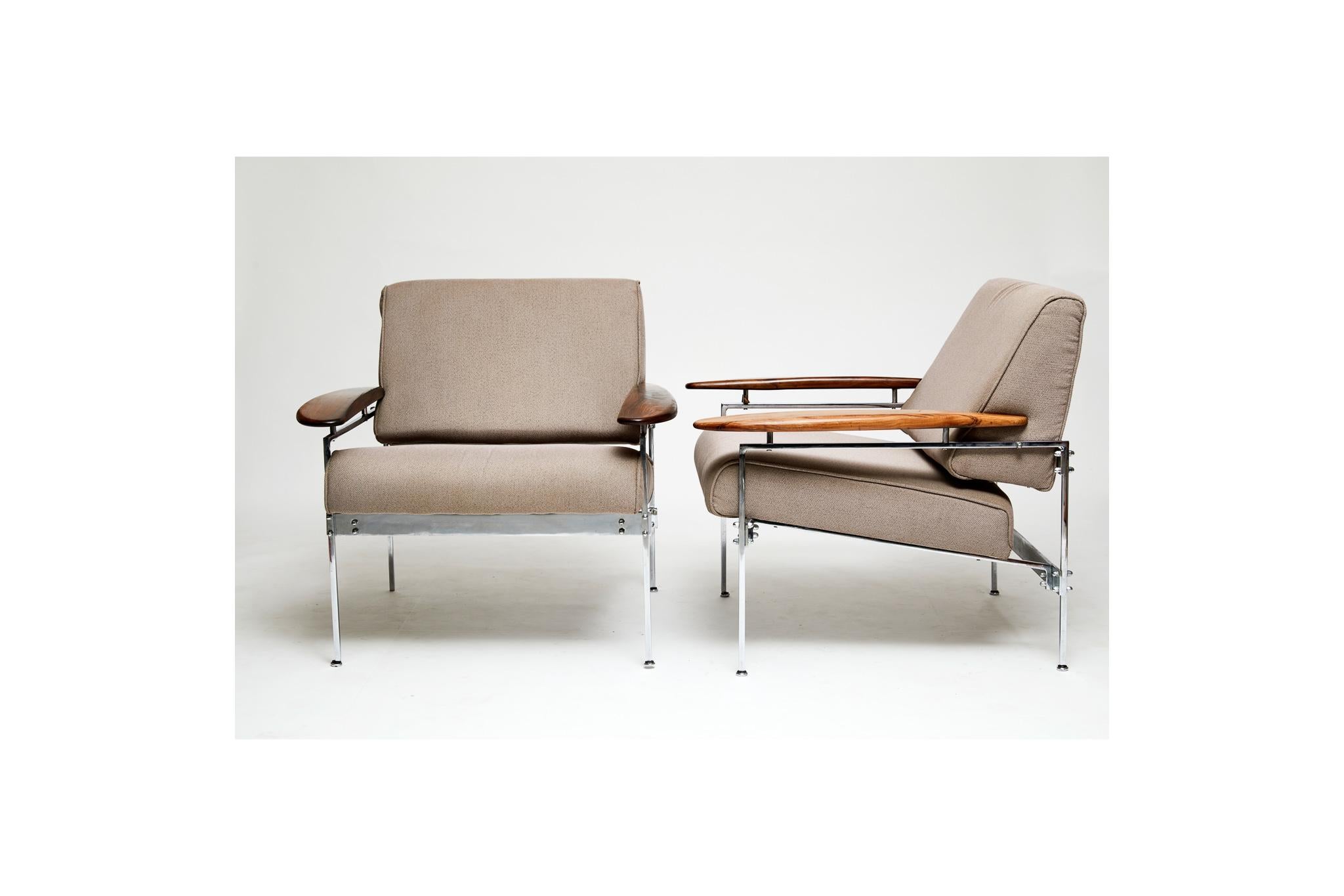 South American Brazilian Modern Armchairs in Chrome, Hardwood & Beige Fabric. Sergio Rodrigues