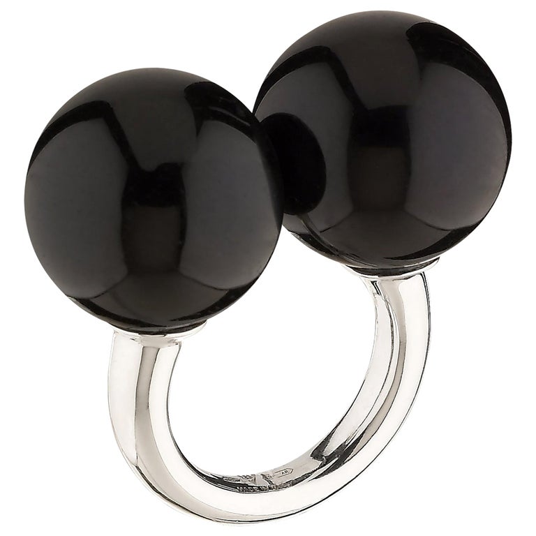 Betony Vernon "Double Sphere Onyx Massage Ring" Sterling Silver 925 in Stock For Sale
