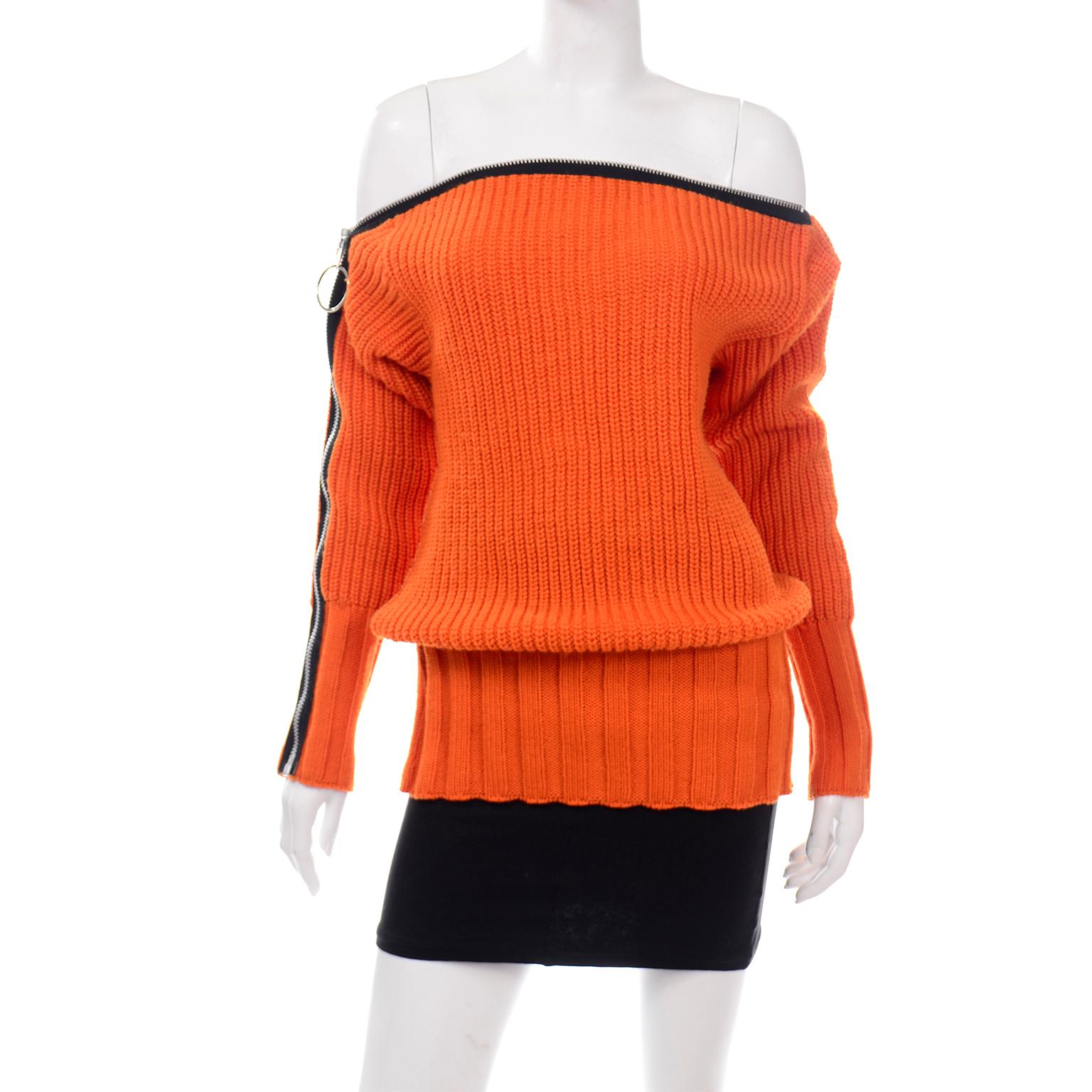 Betsey Johnson 1980s Orange Knit Zipper Oversized Sweater W Black Mini Skirt In Excellent Condition In Portland, OR