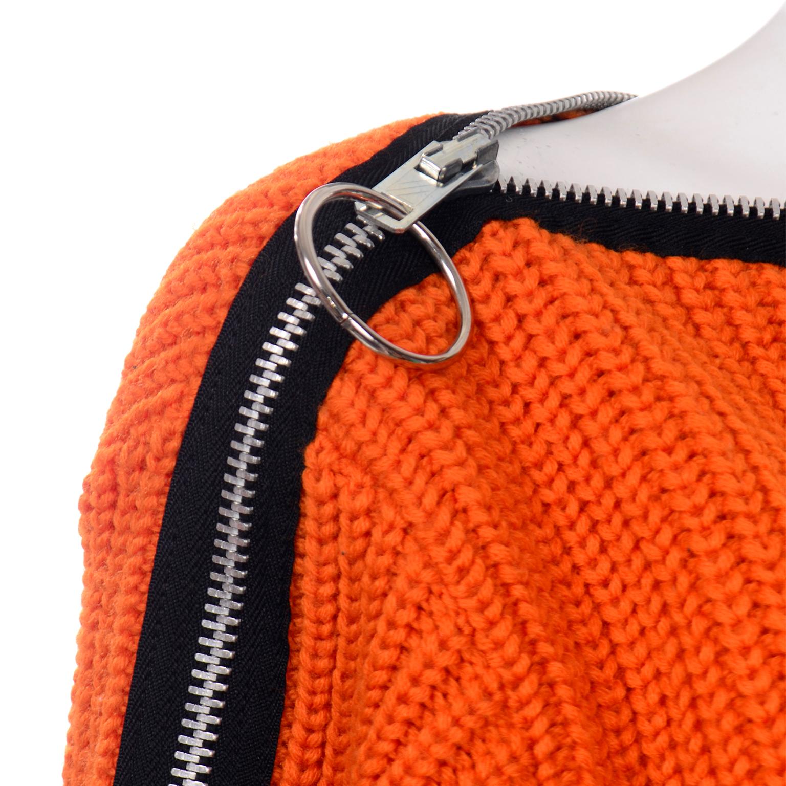 Women's Betsey Johnson 1980s Orange Knit Zipper Oversized Sweater W Black Mini Skirt