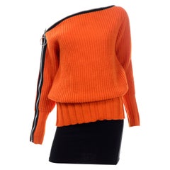 Betsey Johnson 1980s Orange Knit Zipper Oversized Sweater W Black Mini Skirt