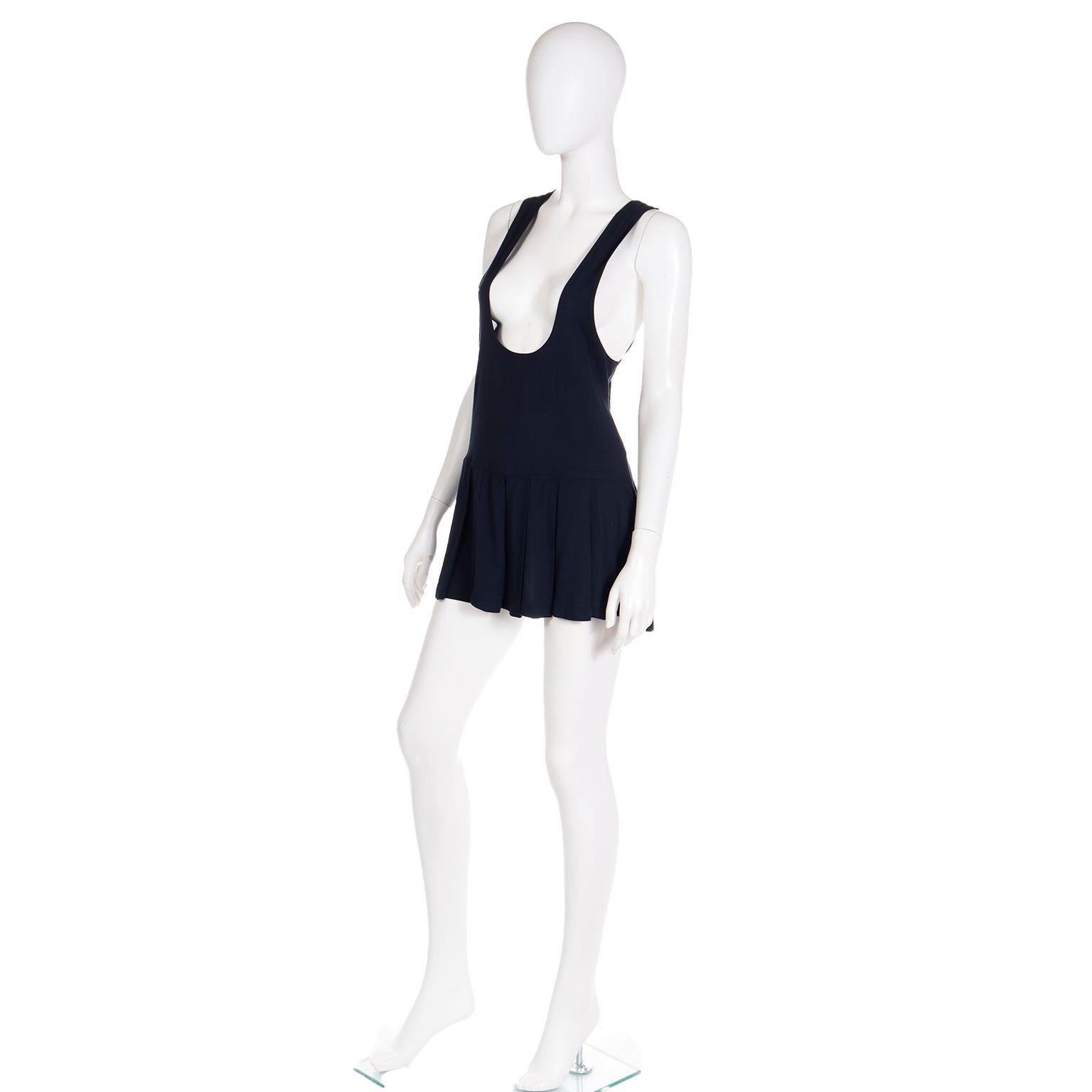 Betsey Johnson 1980s Punk Label Black Scoop Neck Mini Dress w Pleated Skirt 1