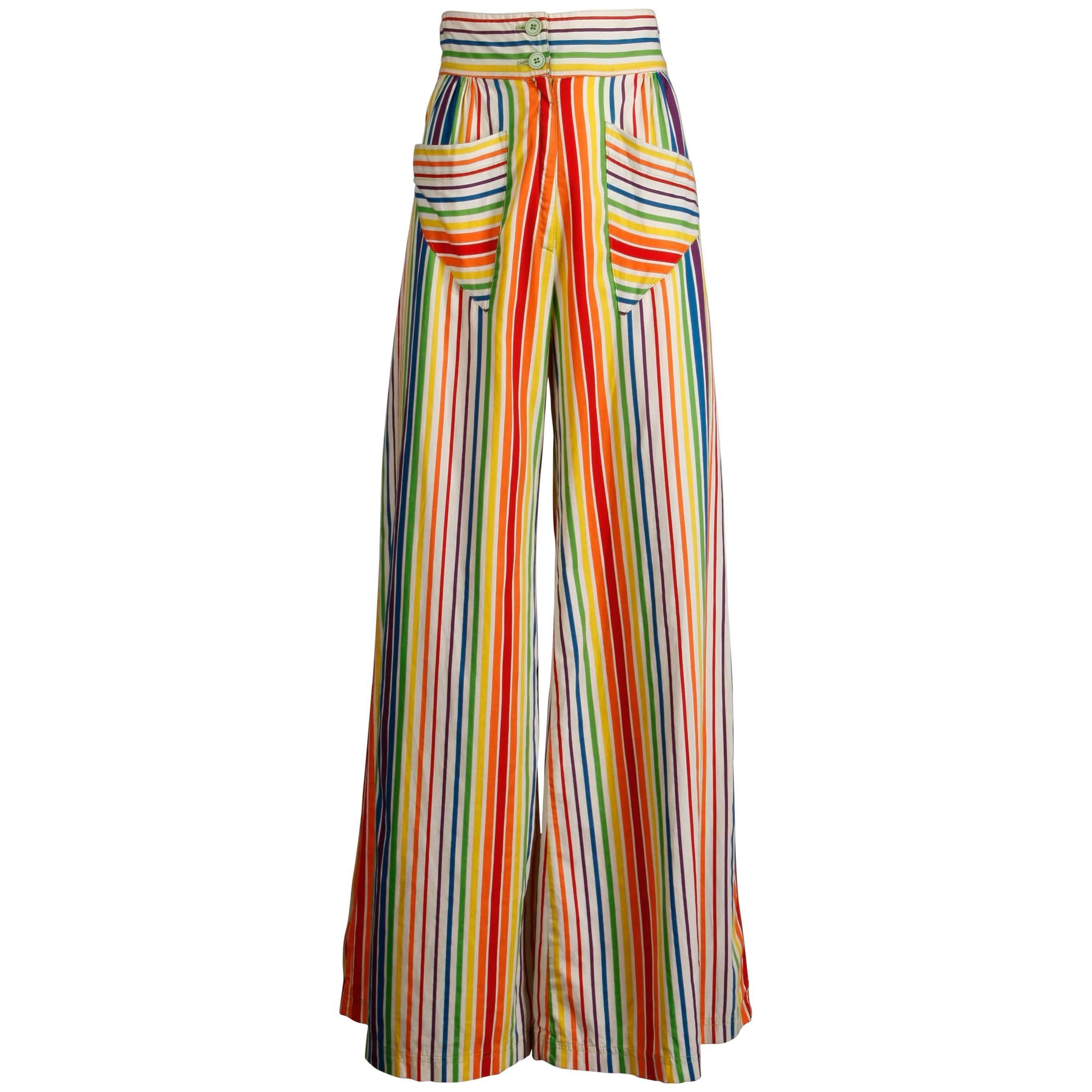 Betsey Johnson for Alley Cat Vintage Rainbow Striped Palazzo Pants, 1970s For Sale