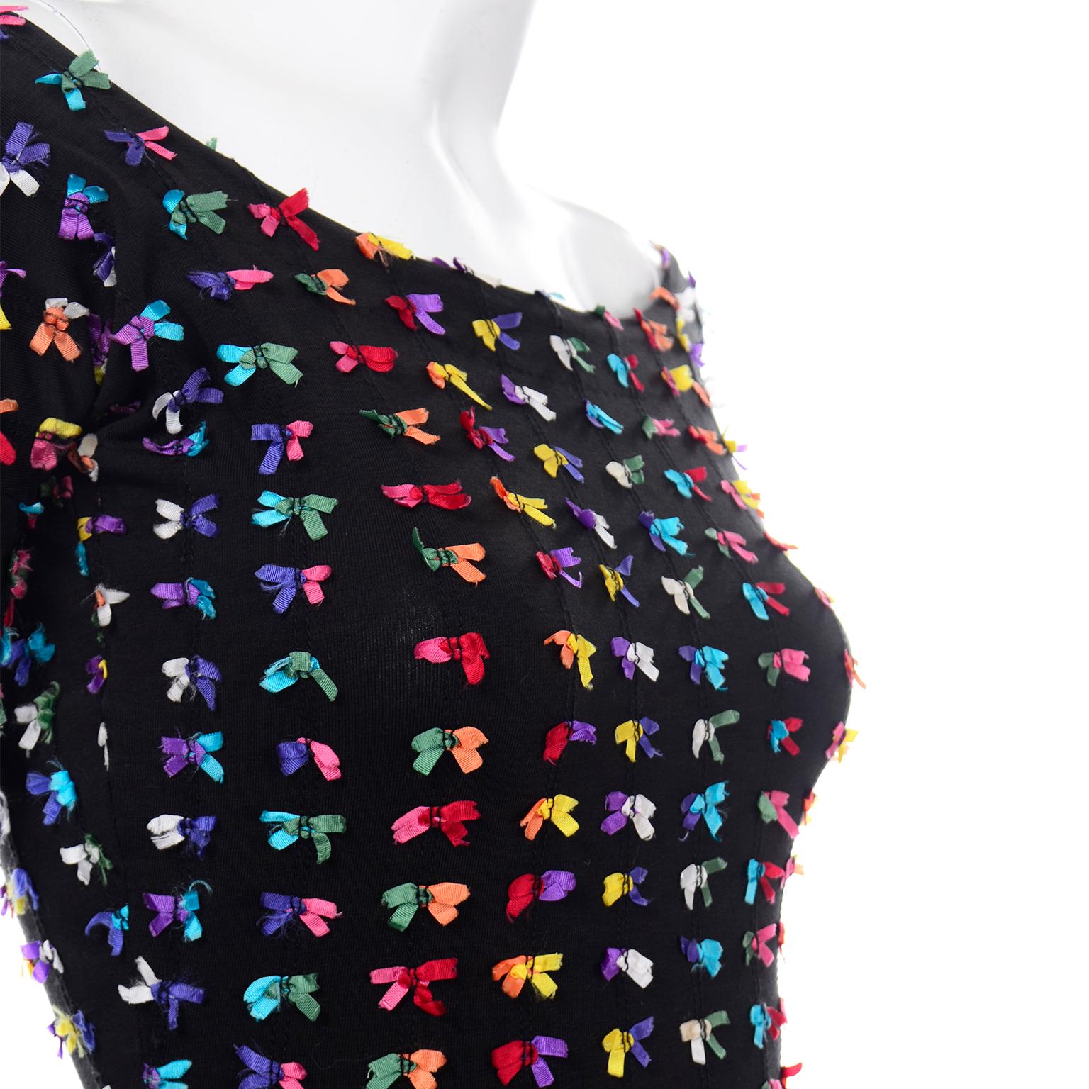 Black Betsey Johnson Vintage Punk Label Bodycon Stretch Mini Dress W Rainbow Bows