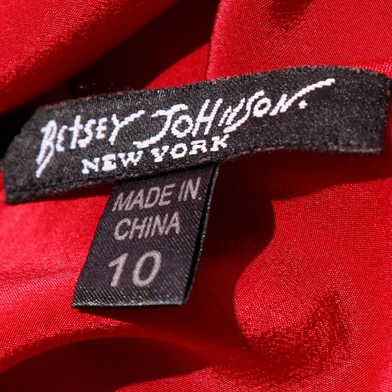 Betsey Johnson Vintage Red Silk Bias Slip Dress w Flower Applique & Embroidery 3