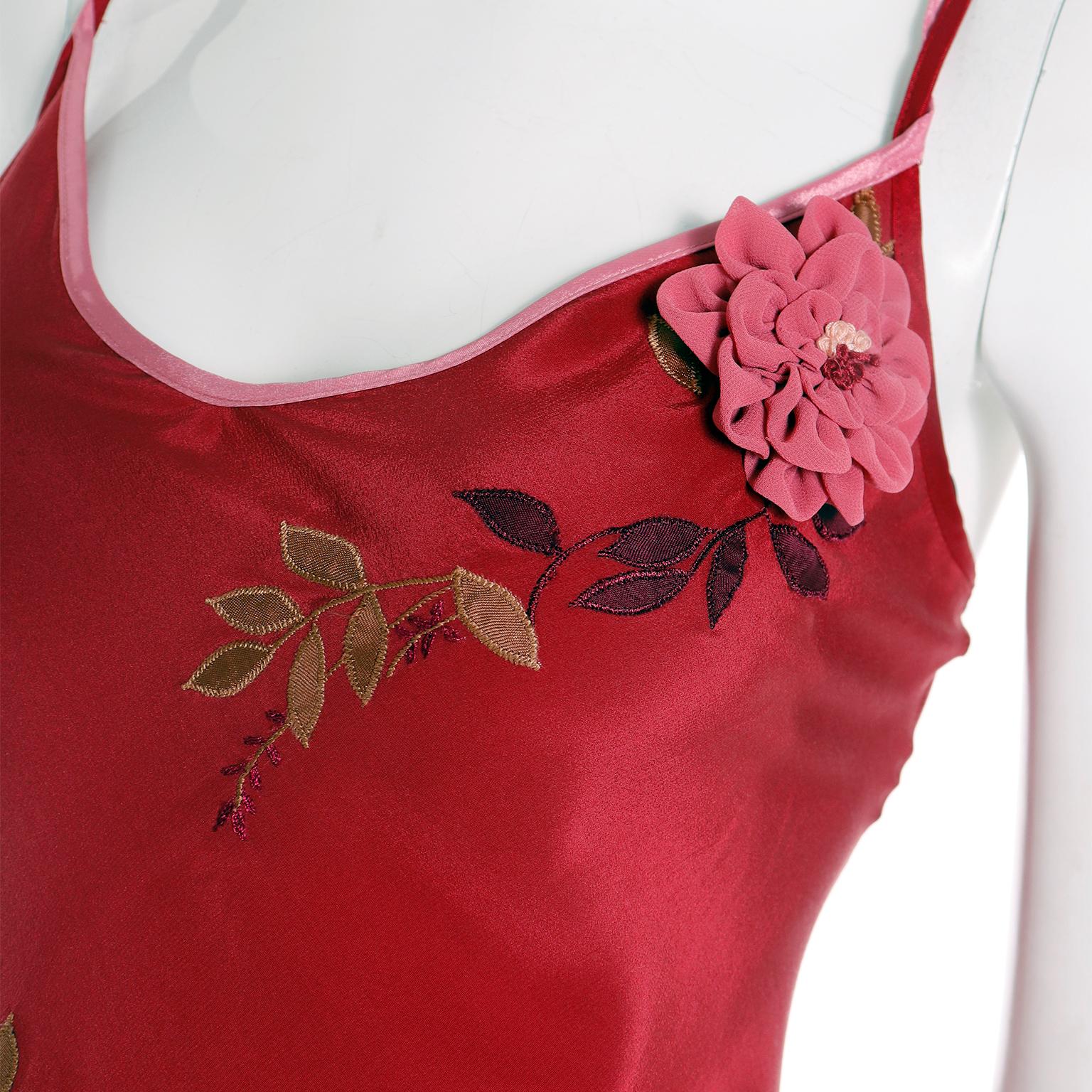 Betsey Johnson Vintage Red Silk Bias Slip Dress w Flower Applique & Embroidery In Good Condition In Portland, OR