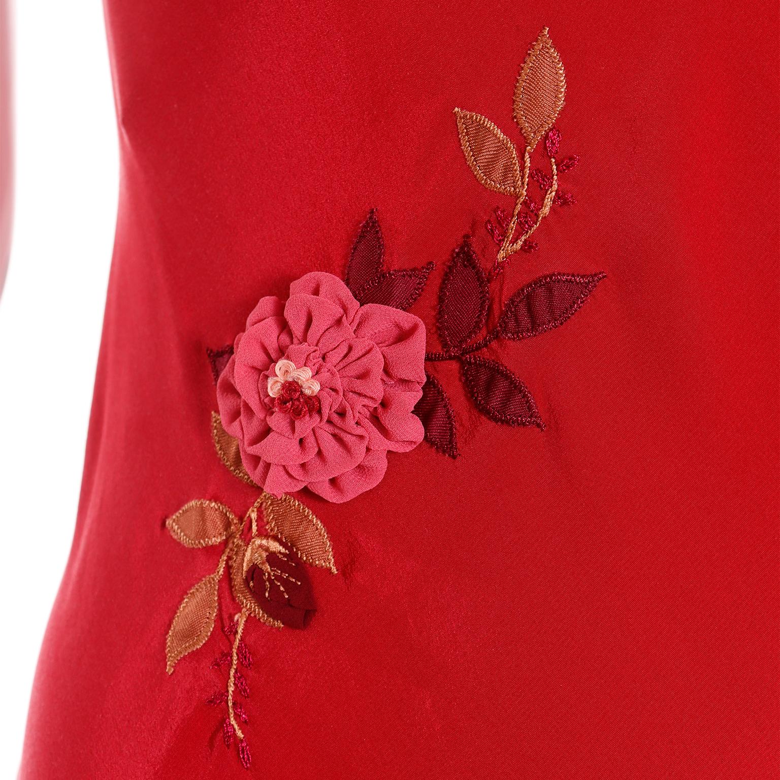 Women's Betsey Johnson Vintage Red Silk Bias Slip Dress w Flower Applique & Embroidery