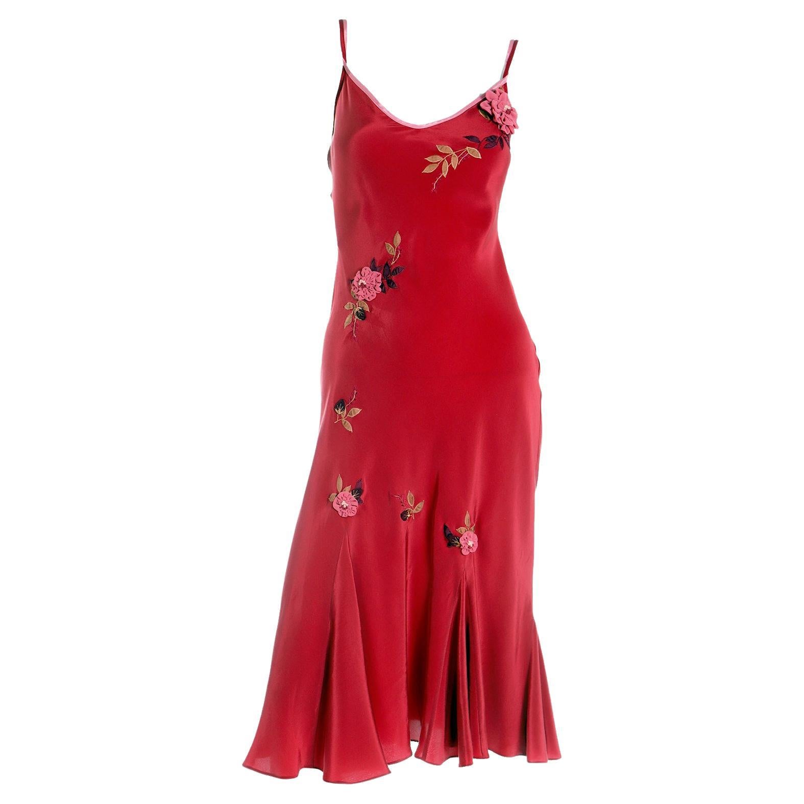 Betsey Johnson Vintage Red Silk Bias Slip Dress w Flower Applique & Embroidery