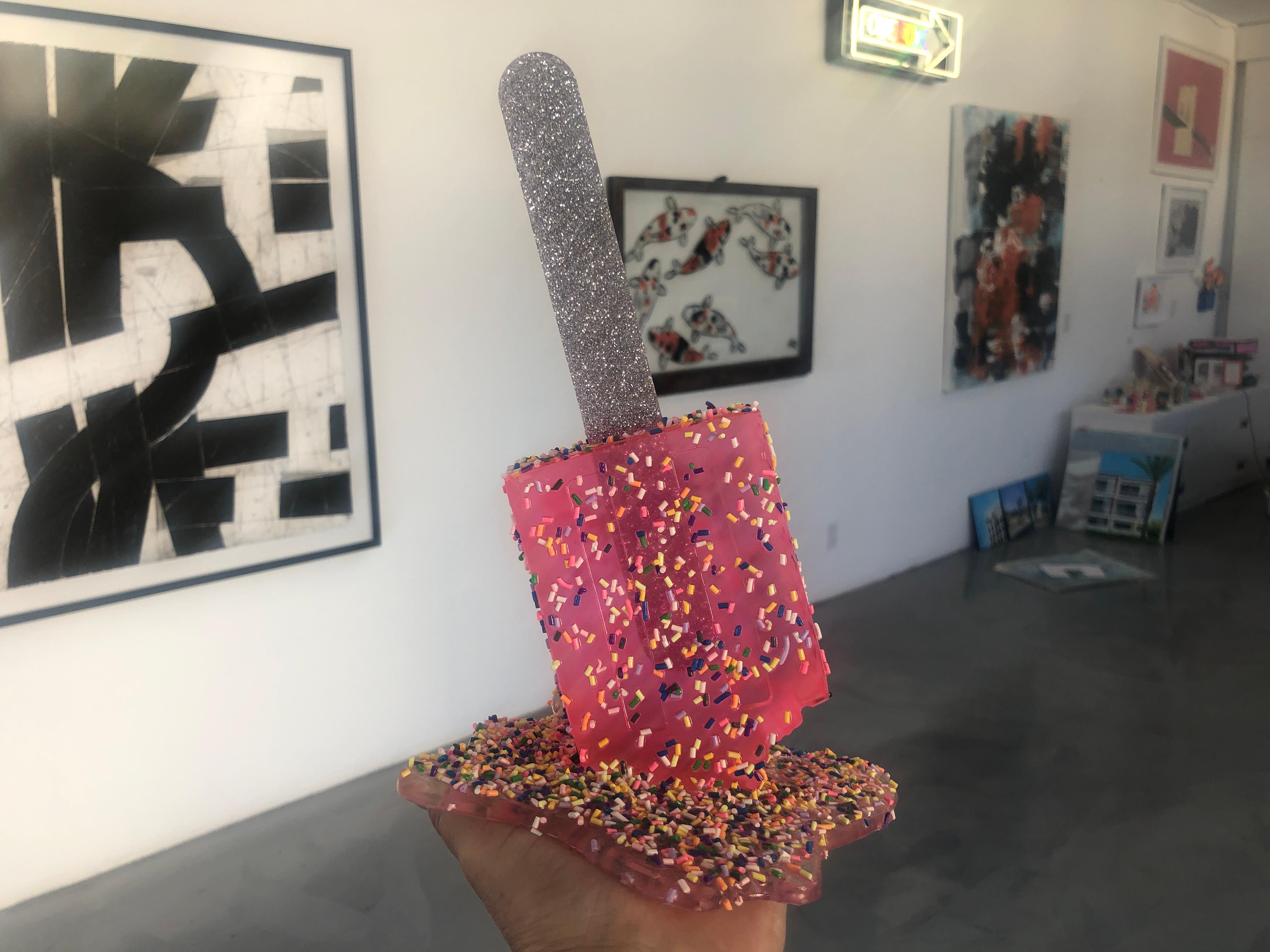 Betsy Enzensberger Figurative Sculpture - "Bigger Pink Sprinkle Popsicle " -  Resin Popsicle Sculpture