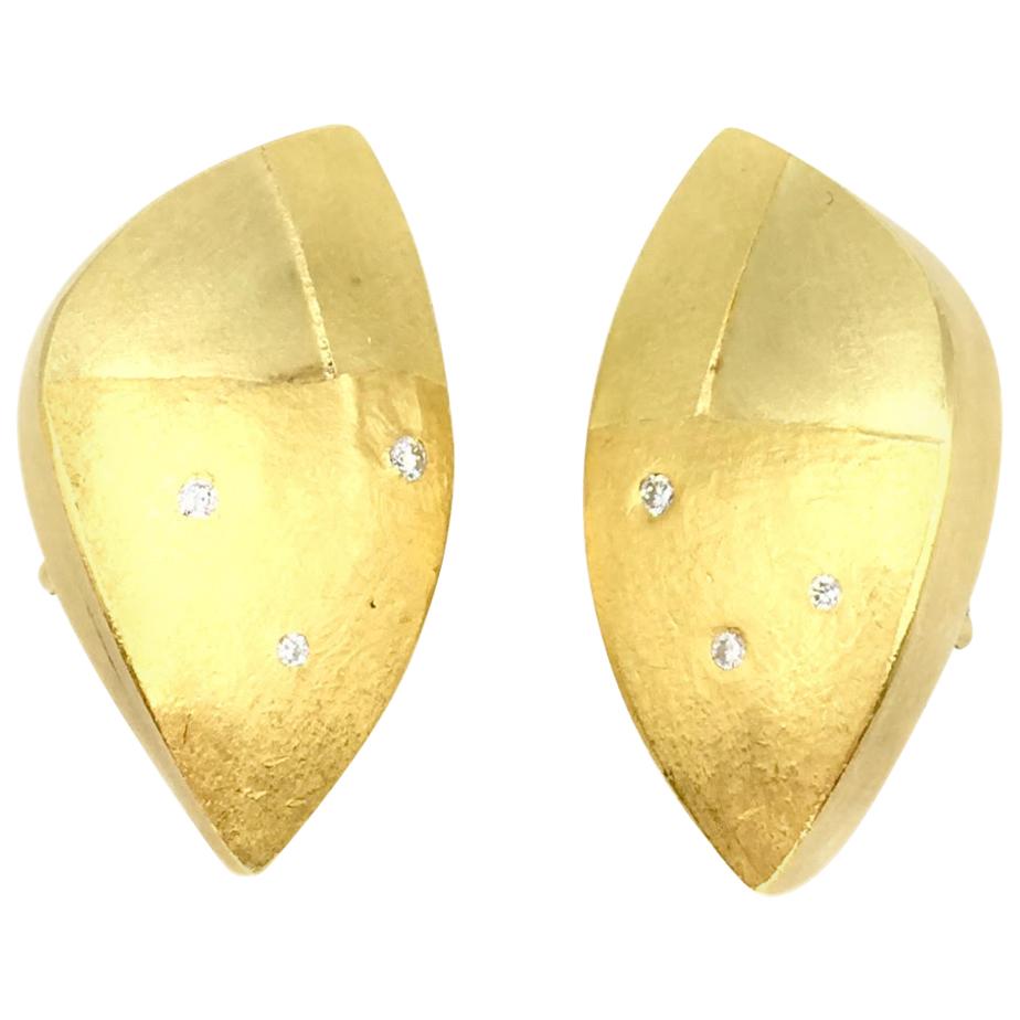 Betsy Fuller Multigold and Diamond Asymmetrical Clip on Earrings For Sale