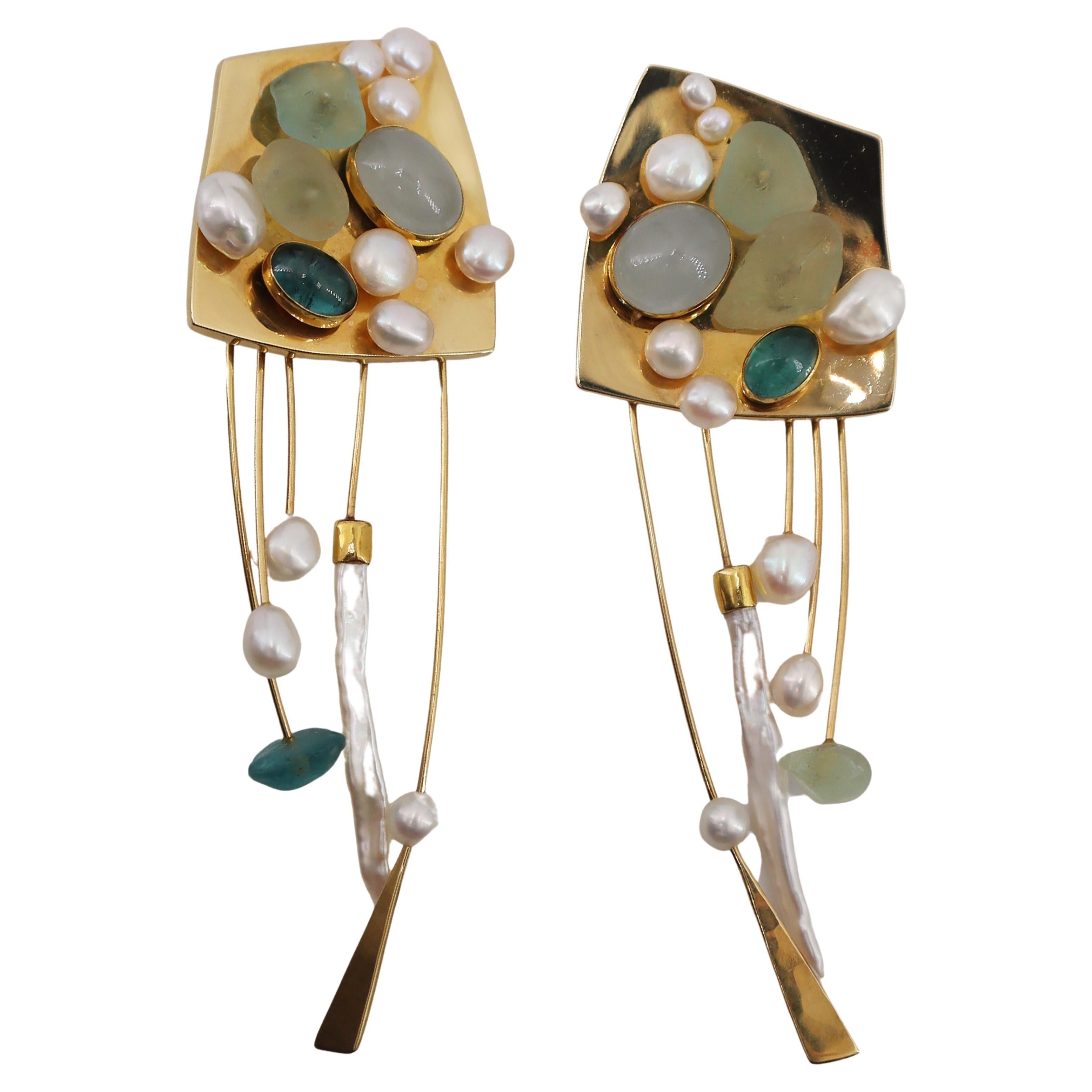 BETSY FULLER Sculptural Clip Earrings In 18Kt Gold With Pearls and Tourmalines