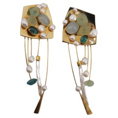 BETSY FULLER Sculptural Clip Earrings In 18Kt Gold With Pearls and Tourmalines