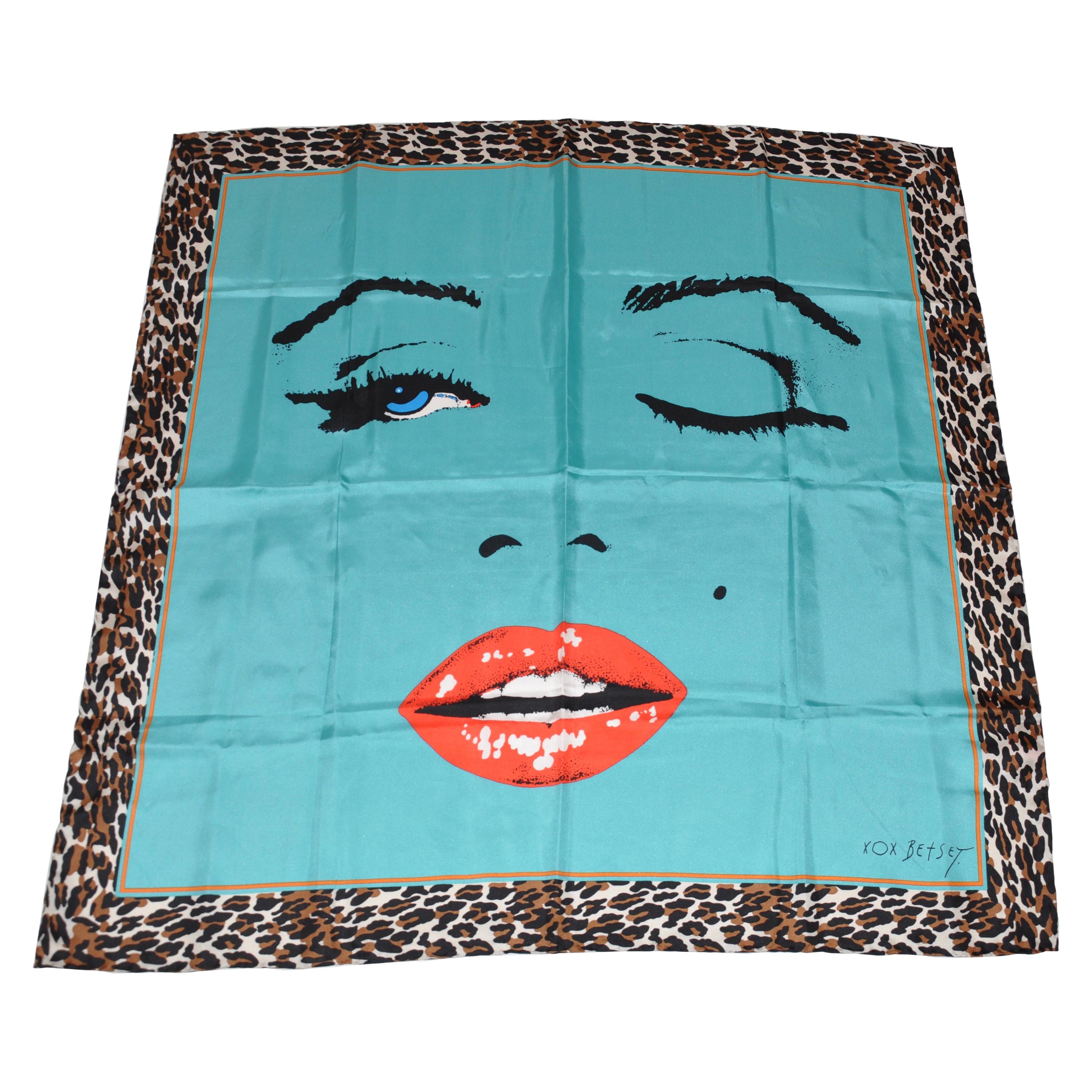 Betsy Johnson Bold Turquoise with Leopard "Self Portrait" Silk Scarf