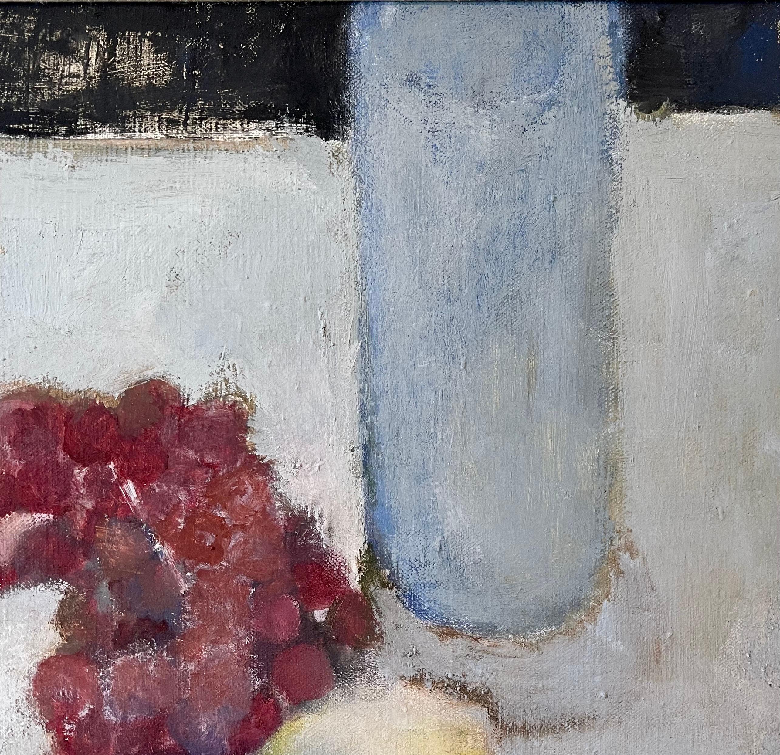 Betsy Podlach (American, born 1964.)
Still life with Fruit and Glass Bottle
Framed it measures 26.5 X 21.5  Canvas is  21.5  X 16.5

Betsy Podlach graduated from Harvard, cum laude, (she studied at Harvard with Alfred Decreido and William Reimann as