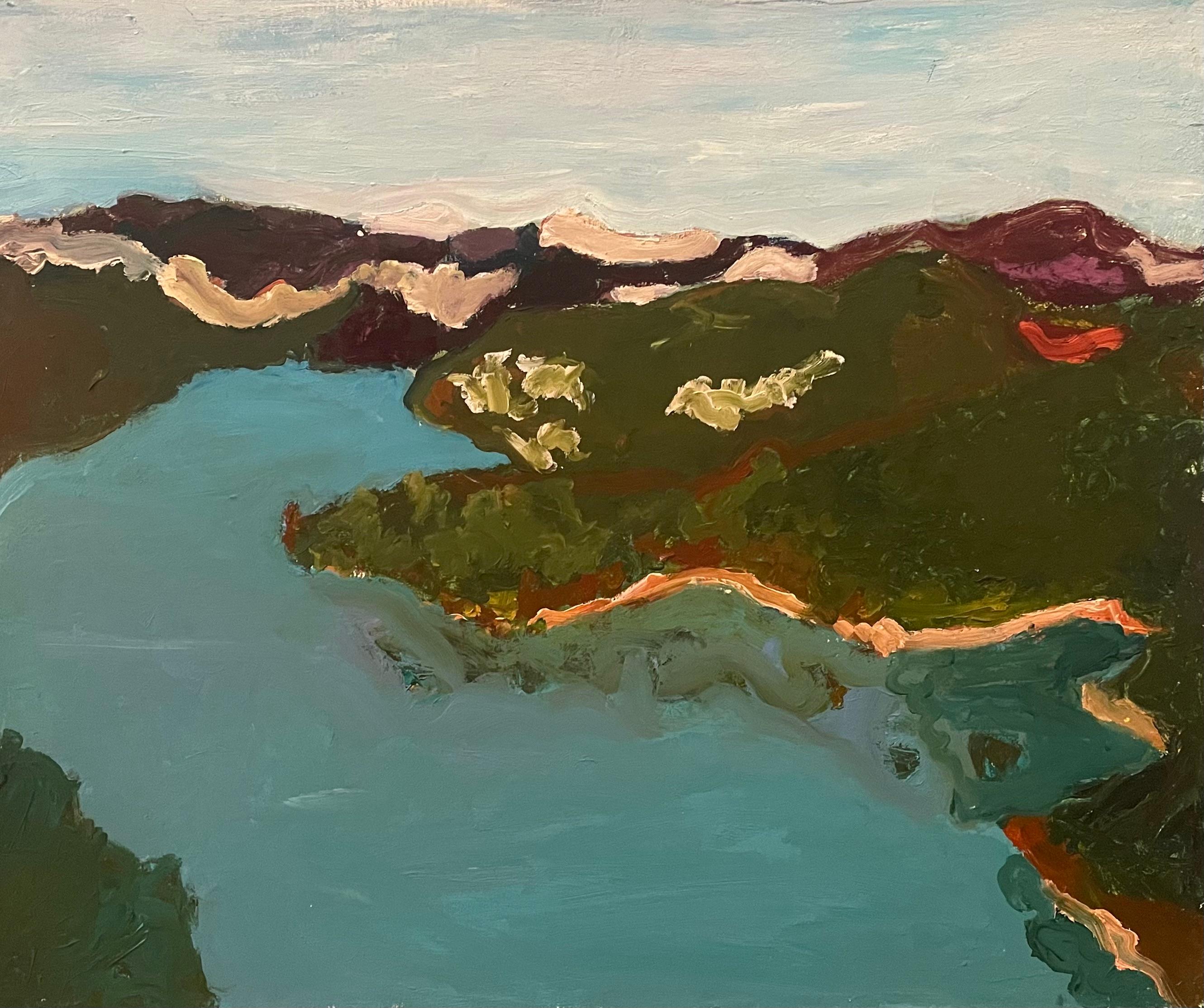 Betsy Podlach’s "Hudson River" is an expressive landscape painted in oil on canvas, capturing the serene and timeless beauty of the famed river. Spanning 25.5" x 30", this piece utilizes a restrained palette of cool blues, earthen greens, and warm