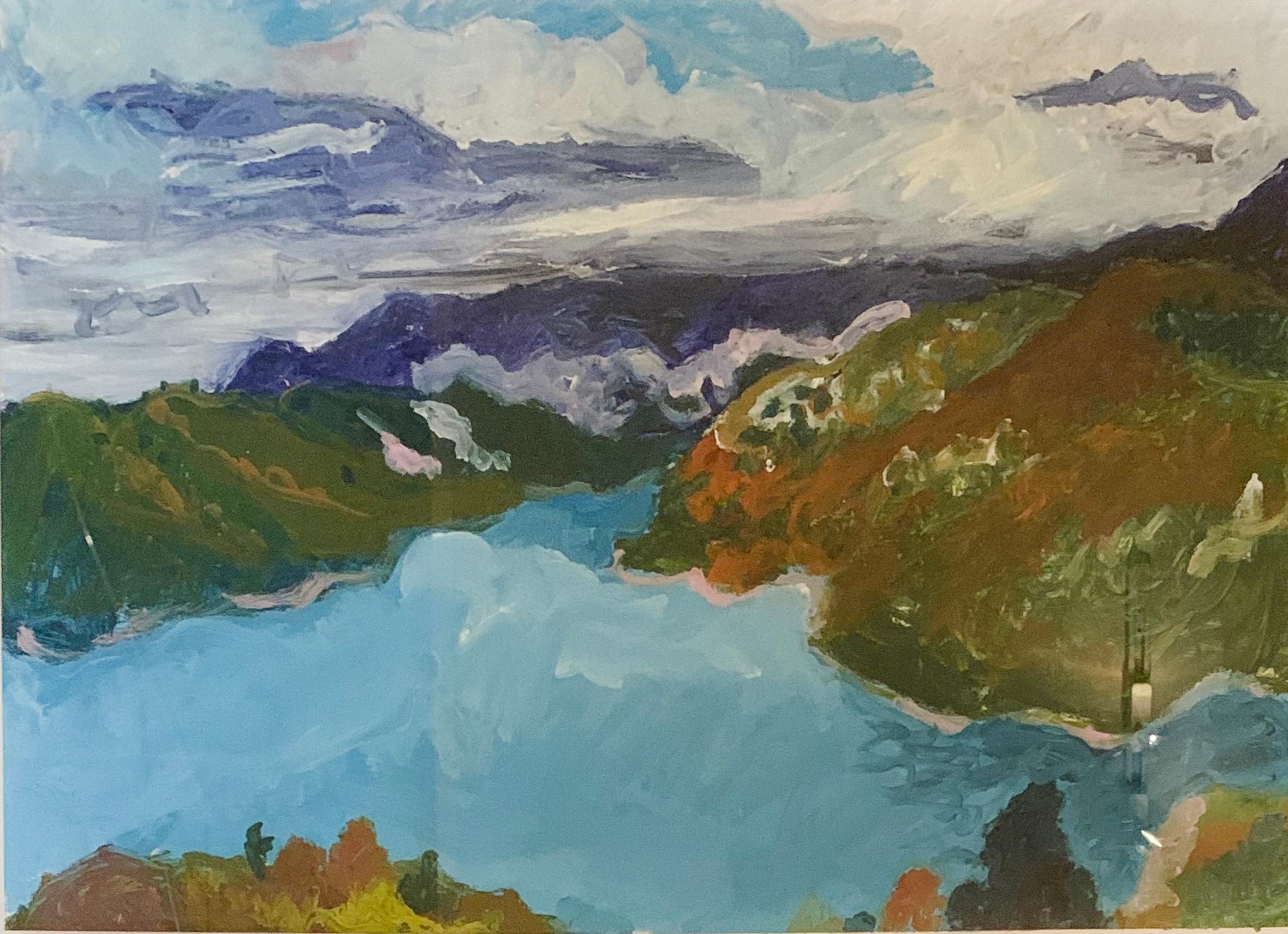 Betsy  - 'The Lake', oil on paper. 2016. White frame with glass.

An original piece. One of a kind.

Some of Betsy's paintings were printed on apparel at Marni 2019 Milan Fashion Show.

THE NEW YORK TIMES:
"IN BETSY’S SENSUAL PORTRAITS, IS AN