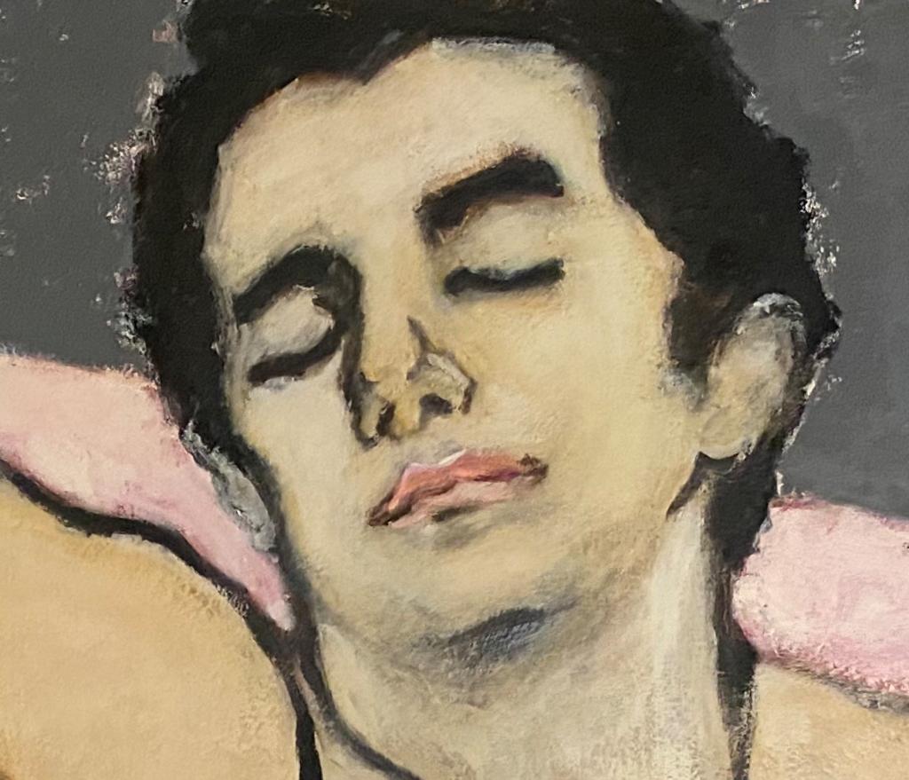 'Young Man in Repose' by Podlach - Large Figurative Nude Young Man Painting  - Beige Figurative Painting by Betsy Podlach