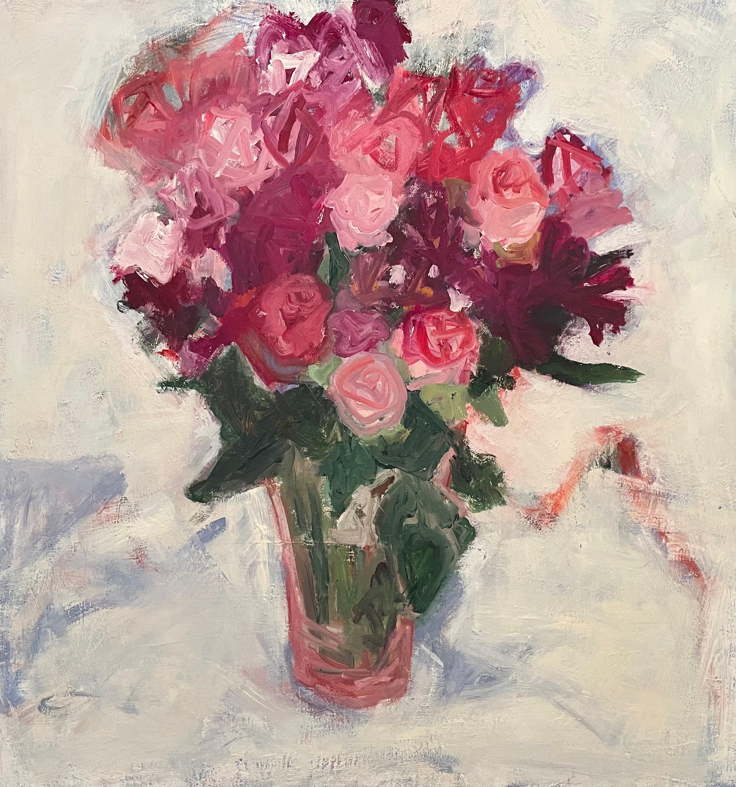 Betsy Podlach's 'Roses' is a vibrant expressionist still-life painting that encapsulates the ephemeral beauty of flowers. The artist employs a bold, impasto technique, where thick applications of paint create a textured surface that adds depth and