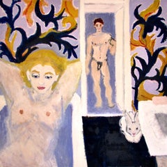 La pareja y el conejito" de Betsy Podlach - Pintura fauvista de desnudo figurativo
