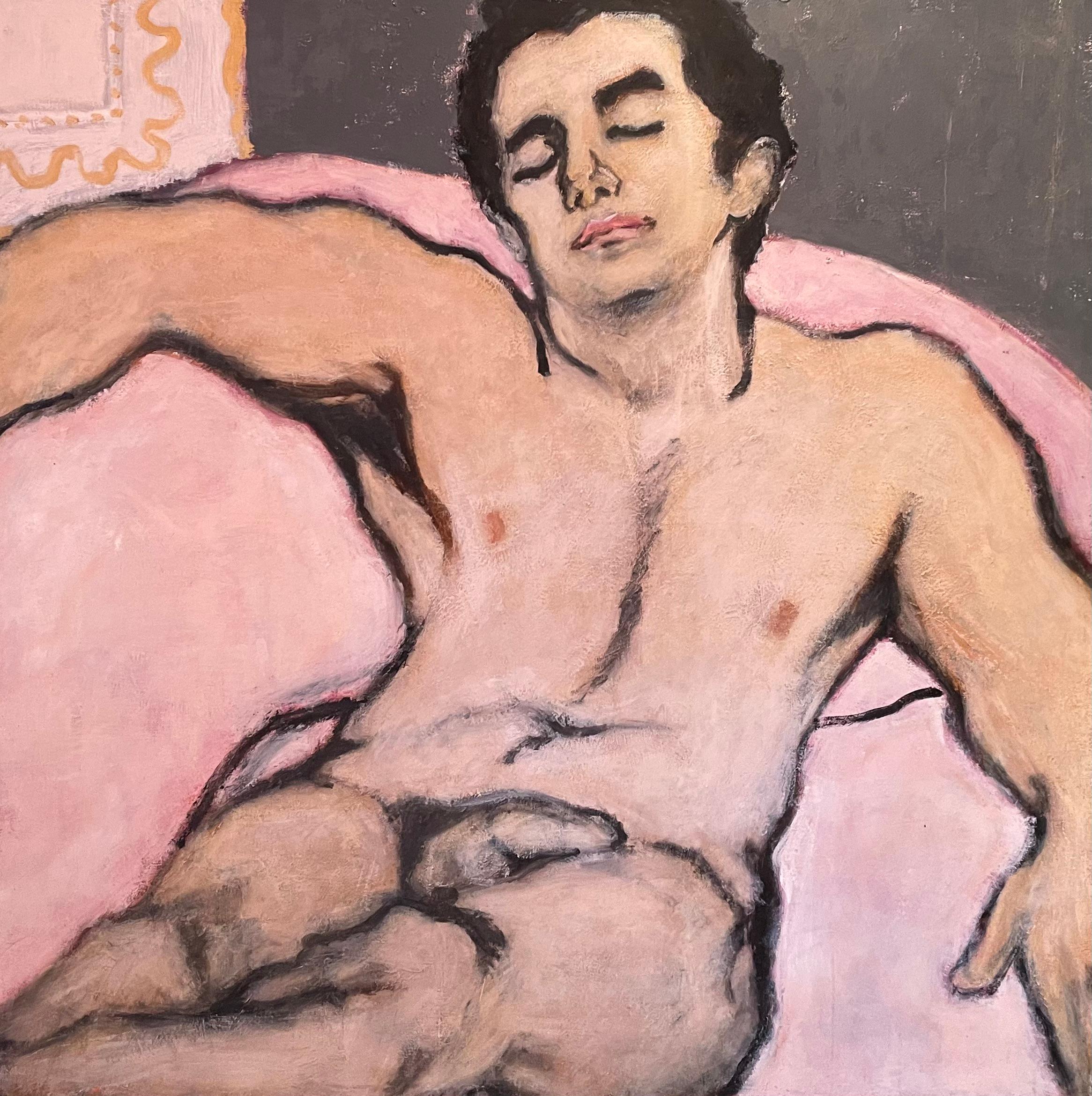 „Young Man in Repose“ von Podlach – Großes figuratives Gemälde eines jungen Mannes in Akt 