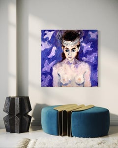 "Young Woman with Birds", Contemporary Nude with White Doves, Purple Background