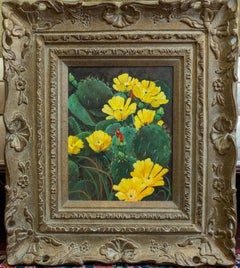 "Cactus de higo chumbo en flor" Pintura al óleo floral vintage en marco tallado a mano
