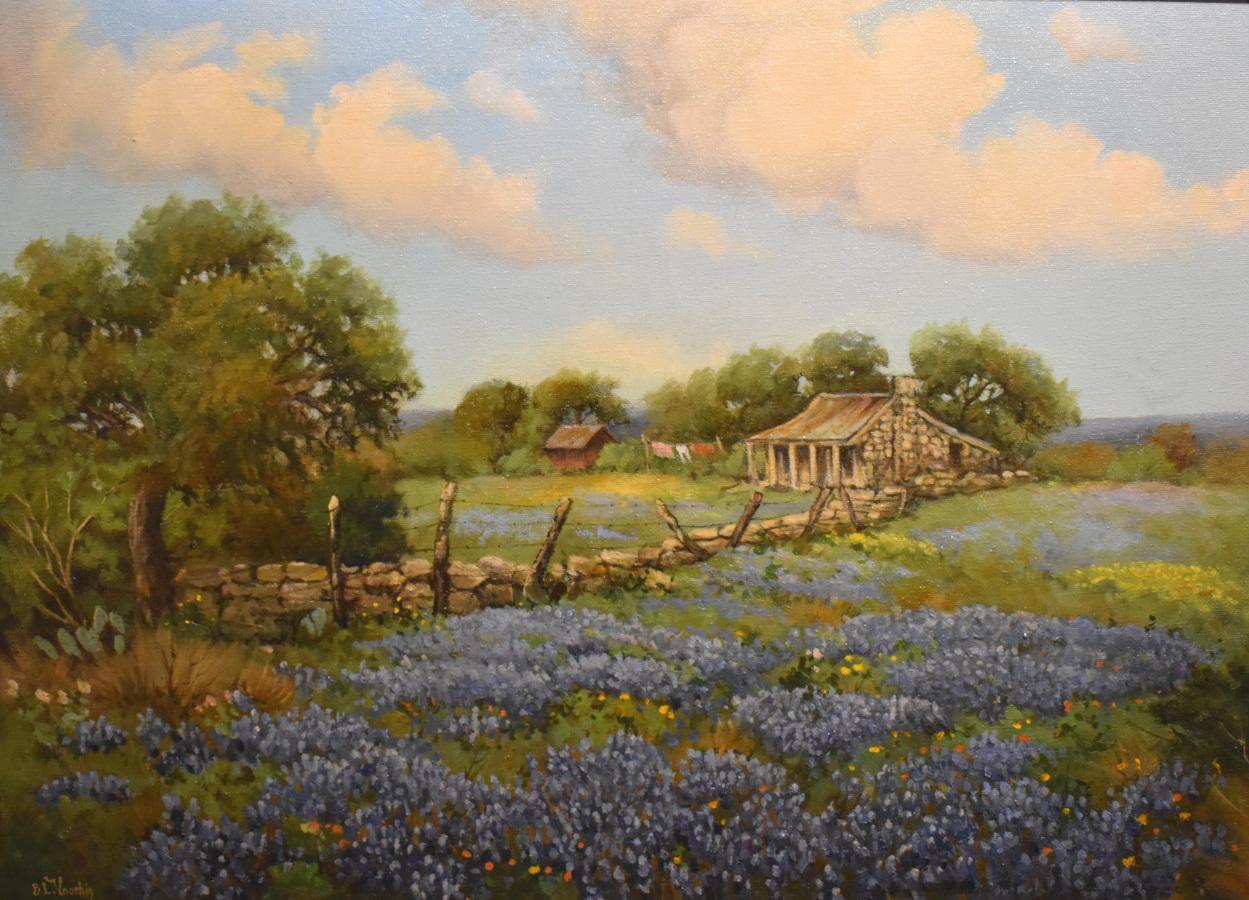 « TEXAS FENCEline IN BLUE » TEXAS HILL COUNRY - Painting de Bette Lou Voorhis