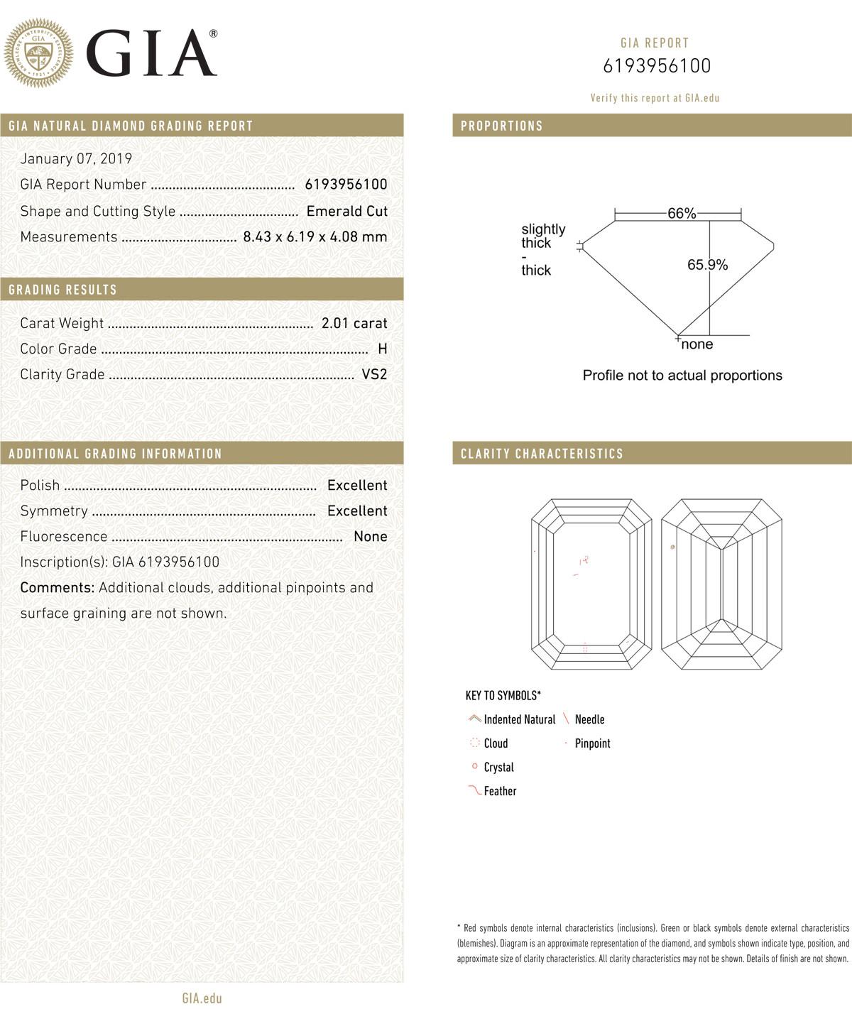 Diamond engagement ring, showcasing a near-colorless emerald-cut diamond weighing 2.01 carats with a pair of tapered baguette-cut diamond shoulders, set in platinum.

Two tapered baguette-cut diamonds weighing 0.49 total carats
Accompanied by the